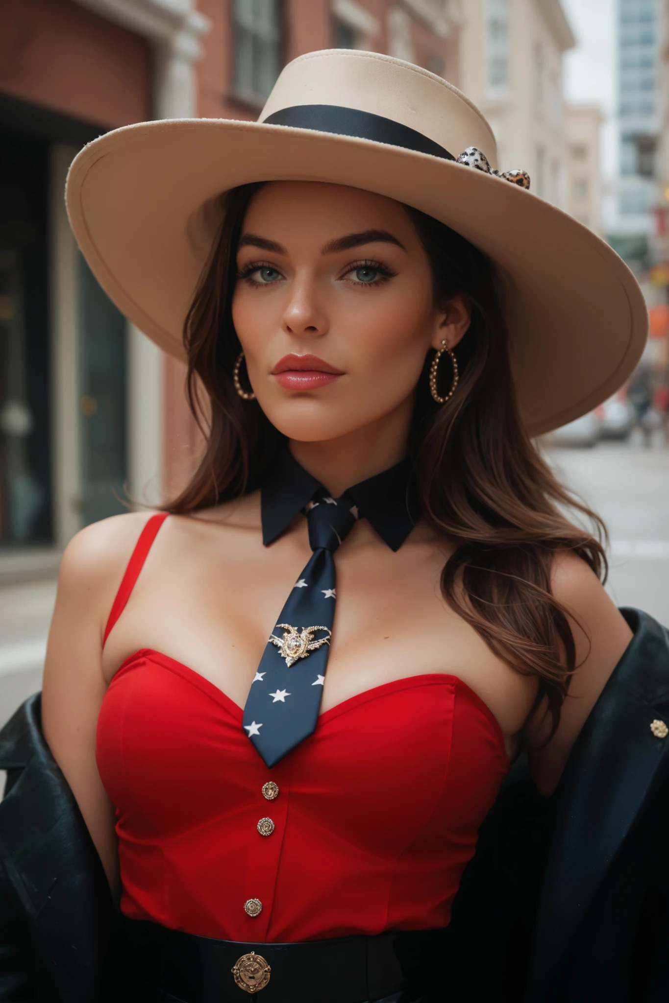 Fashion Photo of katie perry in animalprint smoking, tie, red top with deep neckline and borsalino hat , jewelry, latin style