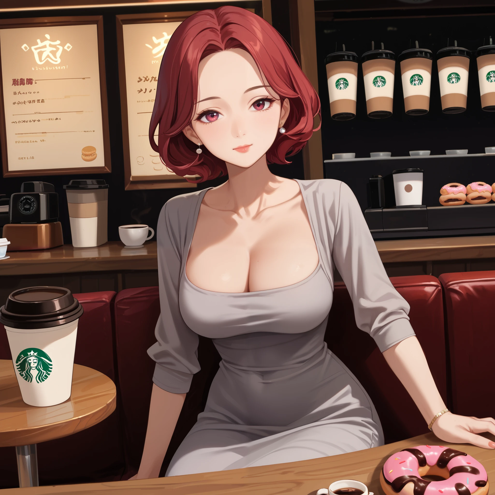 score_9, score_8_up, score_7_up, (1milf, solo), 30years old, (maroon short hair, round bob, forehead), (grey dongtan dress, medium breasts, cleavage, collarbone), (in the coffee shop, sitting on the wooden chair, coffee cup on the wooden table), eating donuts