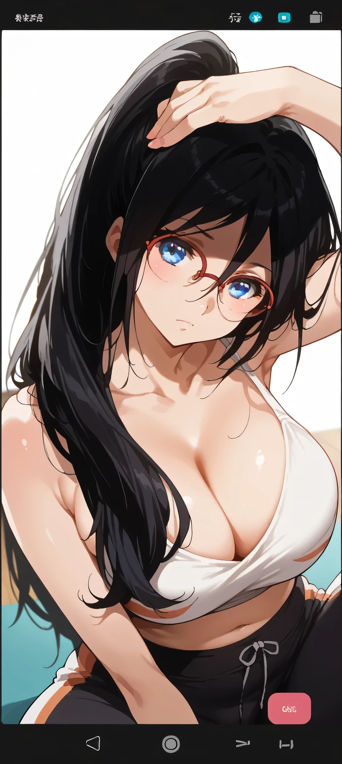 score_9, score_8_up, score_7_up, source_anime,
asukatanaka, asuka tanaka, long hair, black hair, blue eyes, glasses, semi-rimless eyewear, red-framed eyewear, over-rim eyewear, hair between eyes, large breast, breasts, 1girl, breasts, solo, long_hair, black_hair, cleavage, large_breasts, ponytail, yoga_pants, bangs, navel, collarbone, closed_mouth, bare_shoulders, pants, arm_up, sitting, grey_eyes, midriff