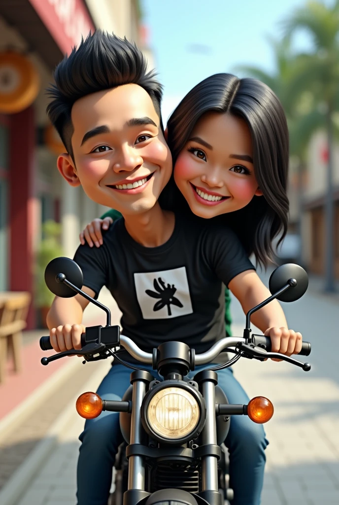 Caricature realistic couple boy wearing barong white and black pants sitting in the motorcycle and girl wearing yellow gold gown back ground blurd road