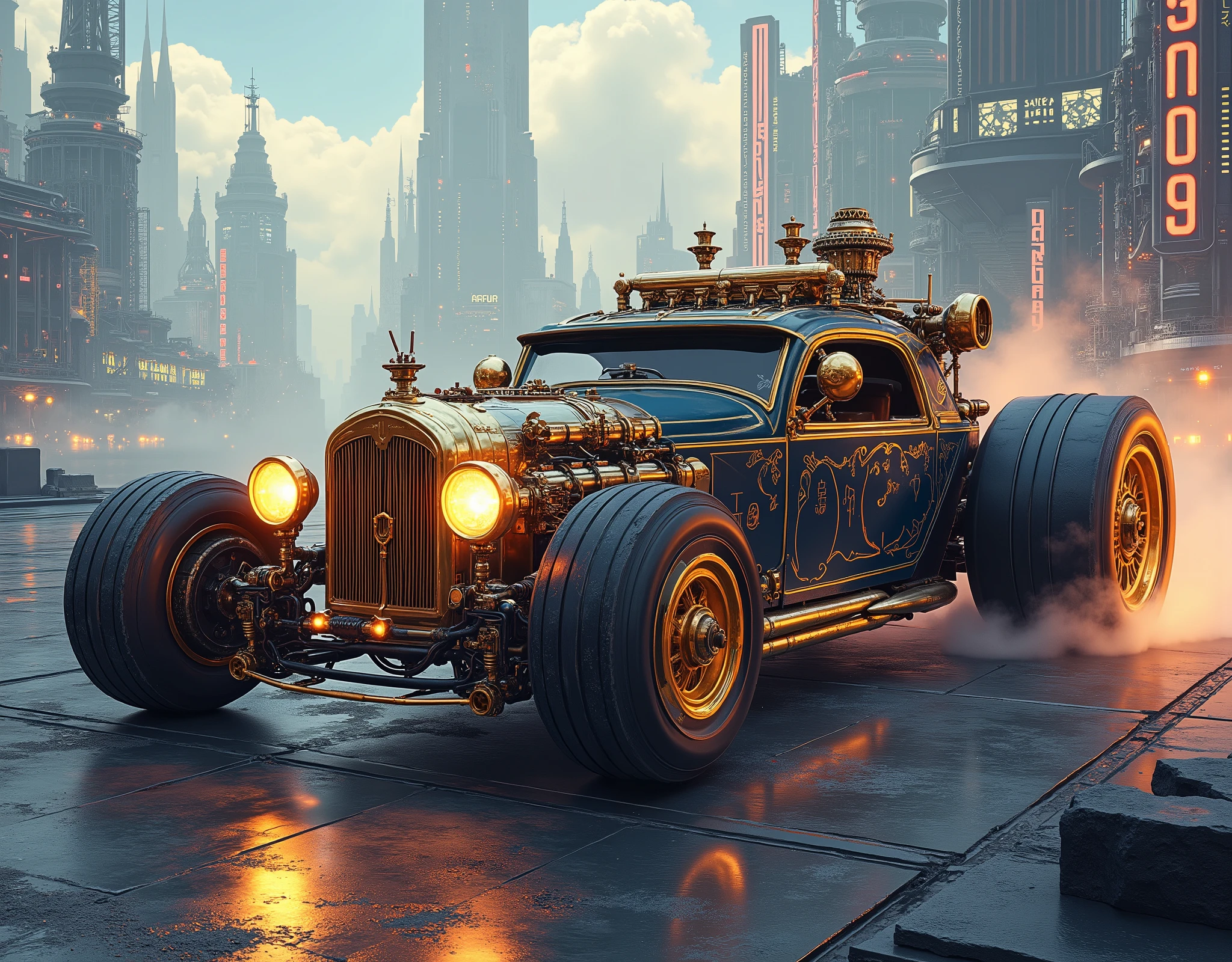 ( masterpiece:1.2 ), ( super detailed), 8k, 16k, wallpaper,(  steampunk:2.0) ,sci-fi ,retrofuture,Team Punk Car , Steam Engine Powered Car , Anime Artwork,セダン