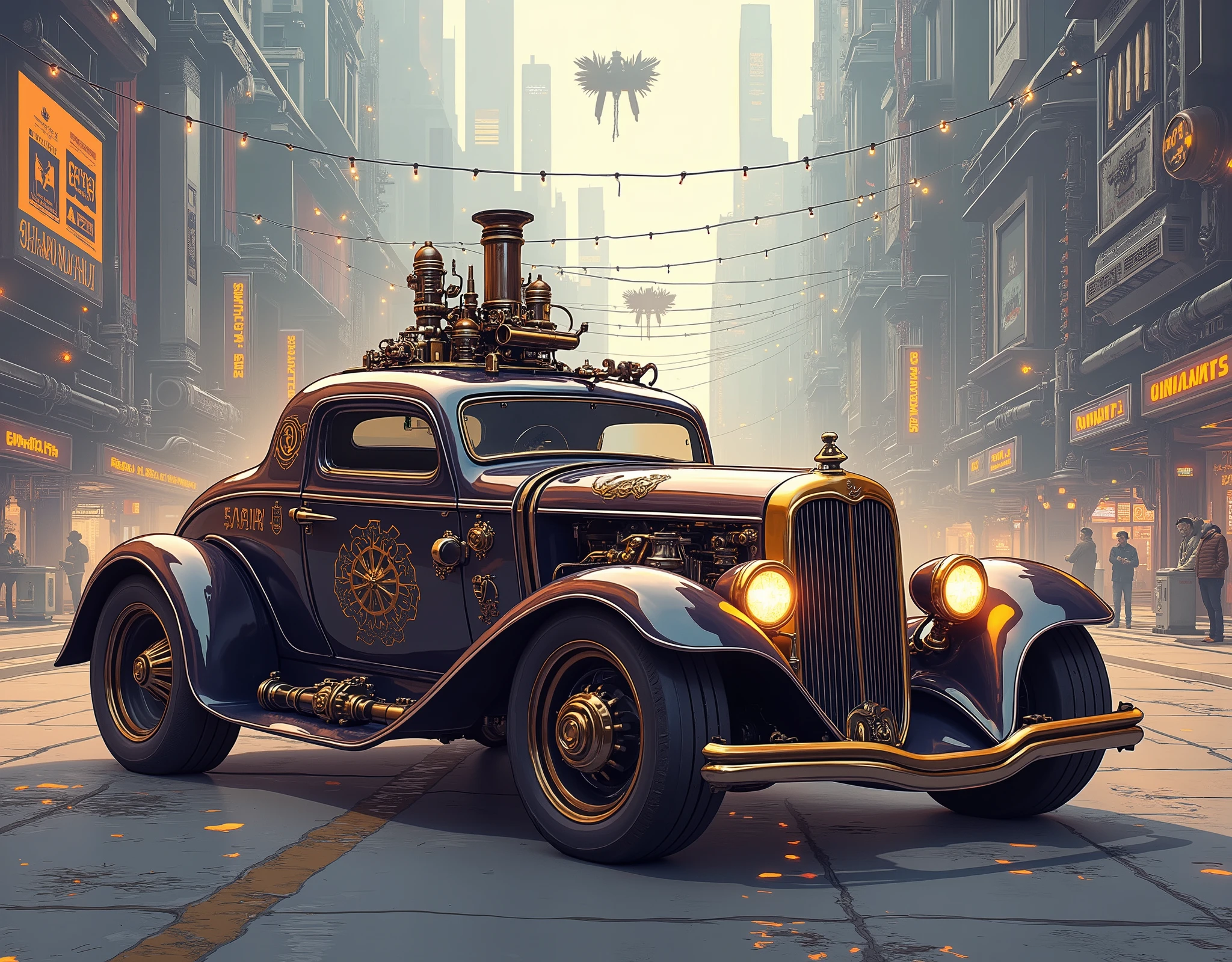 ( masterpiece:1.2 ), ( super detailed), 8k, 16k, wallpaper,(  steampunk:2.0) ,sci-fi ,retrofuture,Team Punk Car , Steam Engine Powered Car , Anime Artwork,セダン