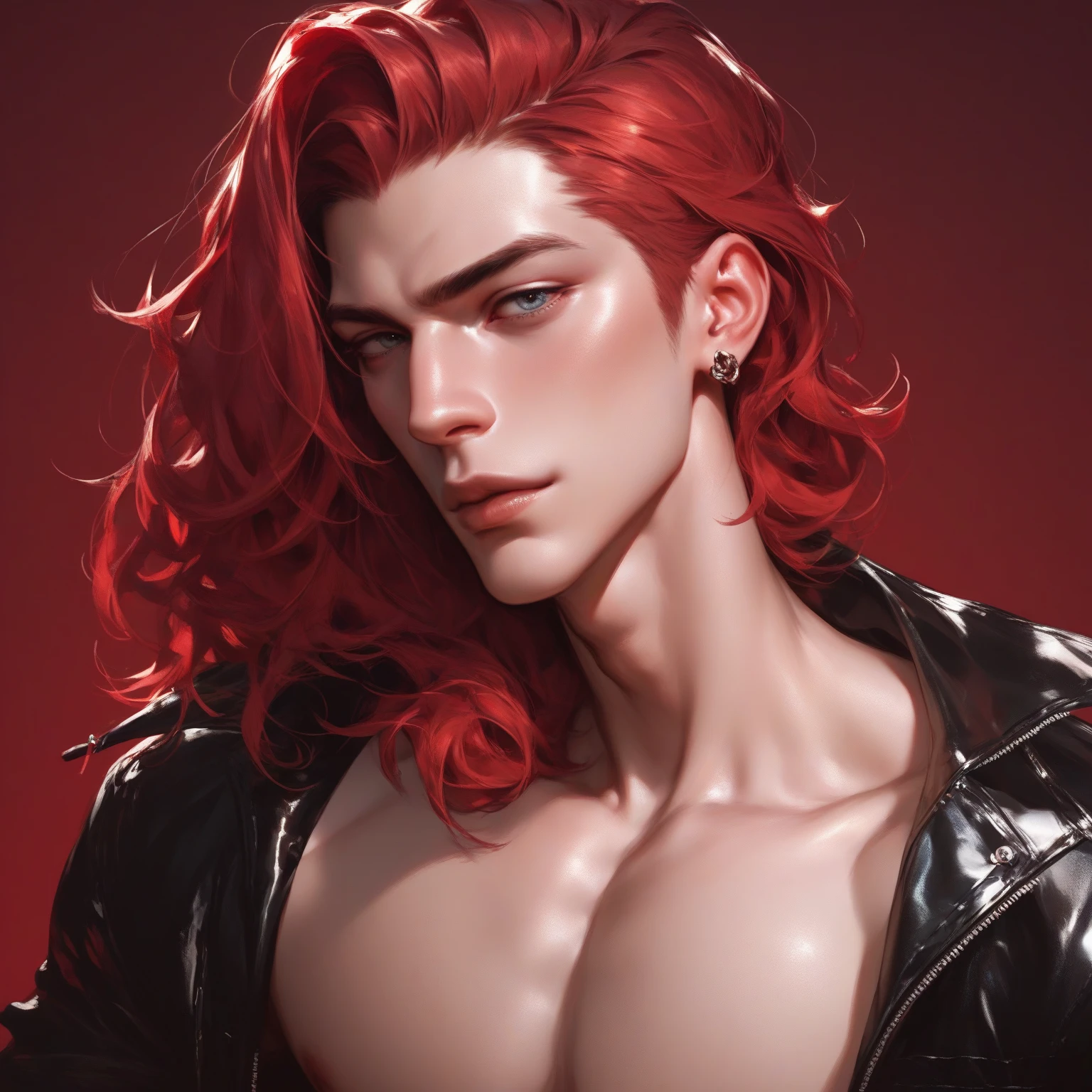 A high quality masterpiece mind-blowing image with chiaroscuro effect that feels horny of a one gorgeous stunningly beautiful very attractive muscular beefcake one male vampire with messy bright (red hair:1.3) and perfect extremely detailed piercing symmetrical tsurime (sapphire blue eyes:1.3) and pale lustrous skin. He has a loving smirk on his face. He is completely naked and only a thin black leather collar adorns his neck. He is lying on a bed in an old dimly lit castle with a golden intricate interior. 