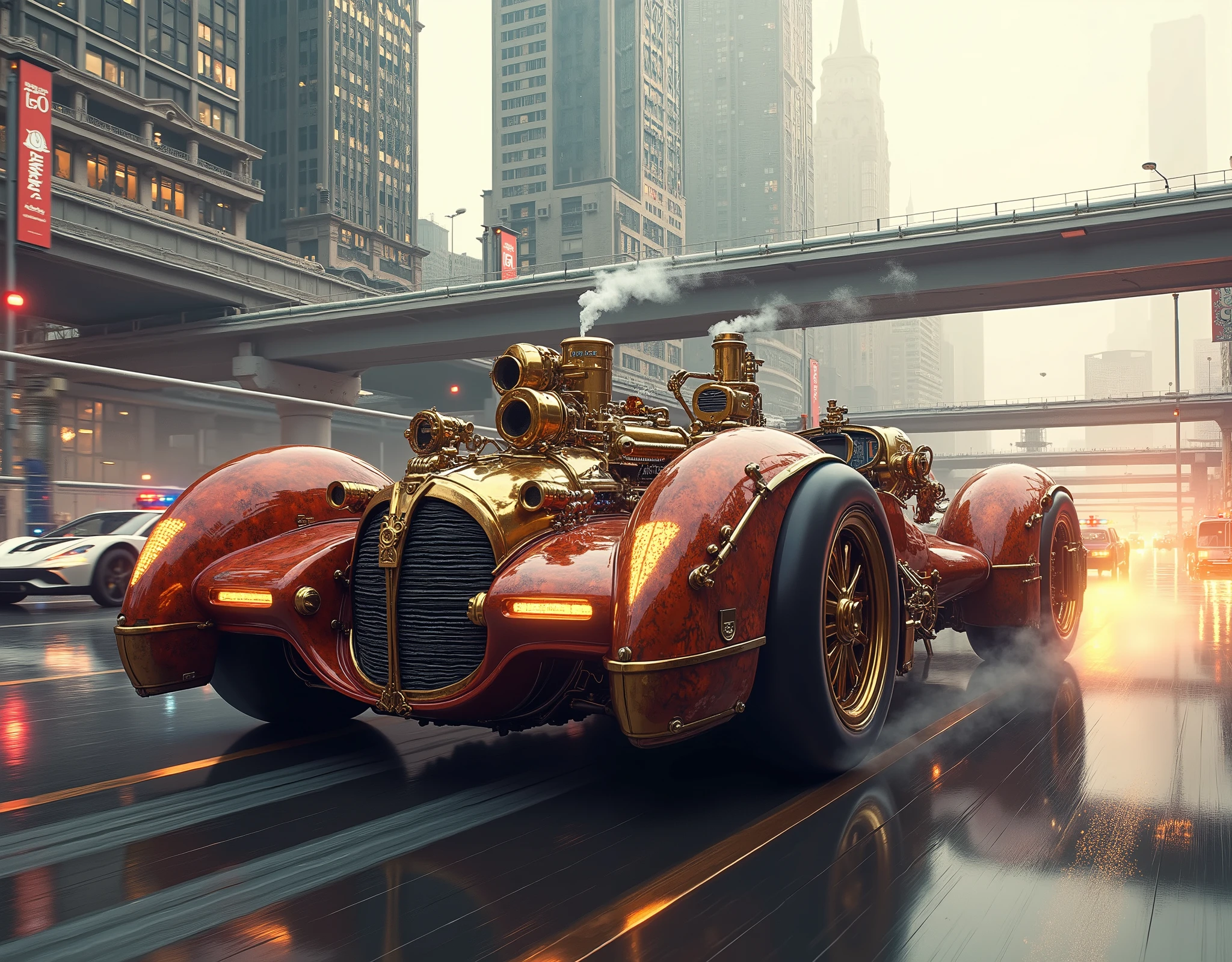 ( masterpiece:1.2 ), ( super detailed), 8k, 16k, wallpaper,(  steampunk:2.0) ,sci-fi ,retrofuture,Team Punk Car , Steam Engine Powered Car , Anime Artwork,セダン