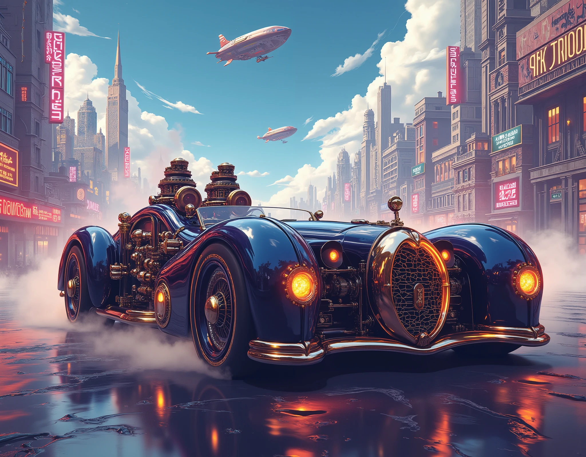 ( masterpiece:1.2 ), ( super detailed), 8k, 16k, wallpaper,(  steampunk:2.0) ,sci-fi ,retrofuture,Team Punk Car , Steam Engine Powered Car , Anime Artwork,セダン