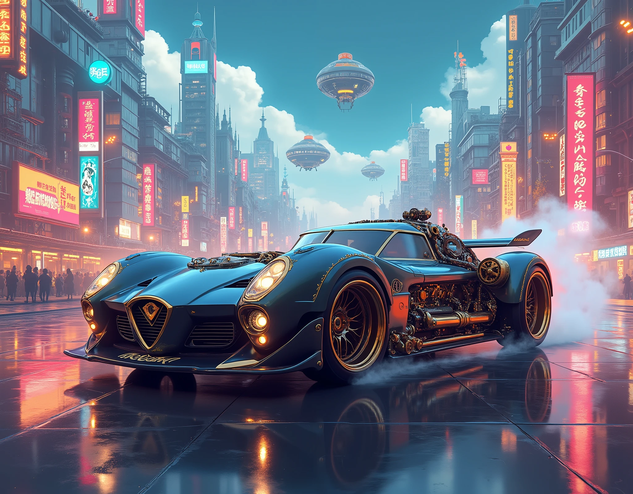 ( masterpiece:1.2 ), ( super detailed), 8k, 16k, wallpaper,(  steampunk:2.0) ,sci-fi ,retrofuture,Team Punk Car , Steam Engine Powered Car , Anime Artwork,セダン