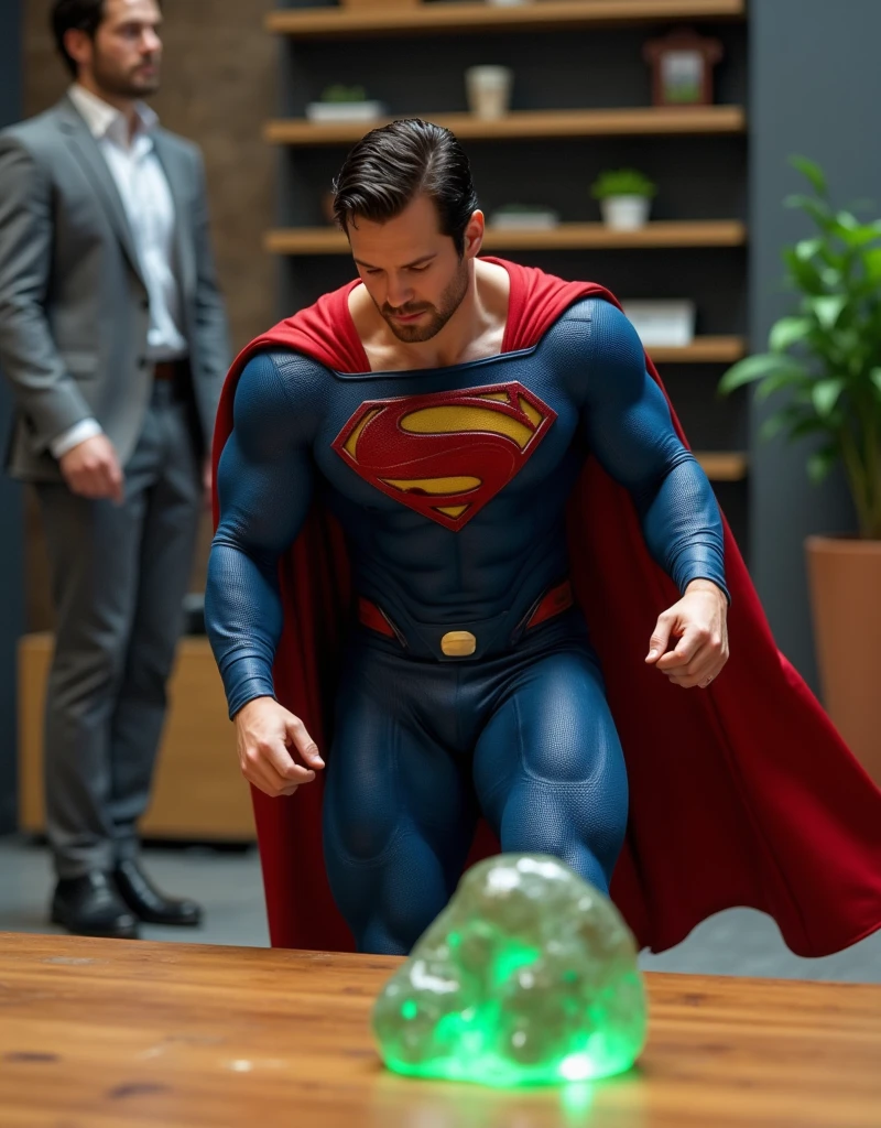 a muscular attractive h3nr4, Henry Cavil with Short stubble in a blue and red superhero costume with a prominent yellow 'S' emblem on the chest, crawling on a wooden floor, orgasm face, eyes closed, mouth open, head down, small glowing green rock on the floor. In the background, there is a blurred view of a modern office setting with shelves and a potted plant. Another person, only partially visible, stands nearby, wearing a gray suit and black shoes