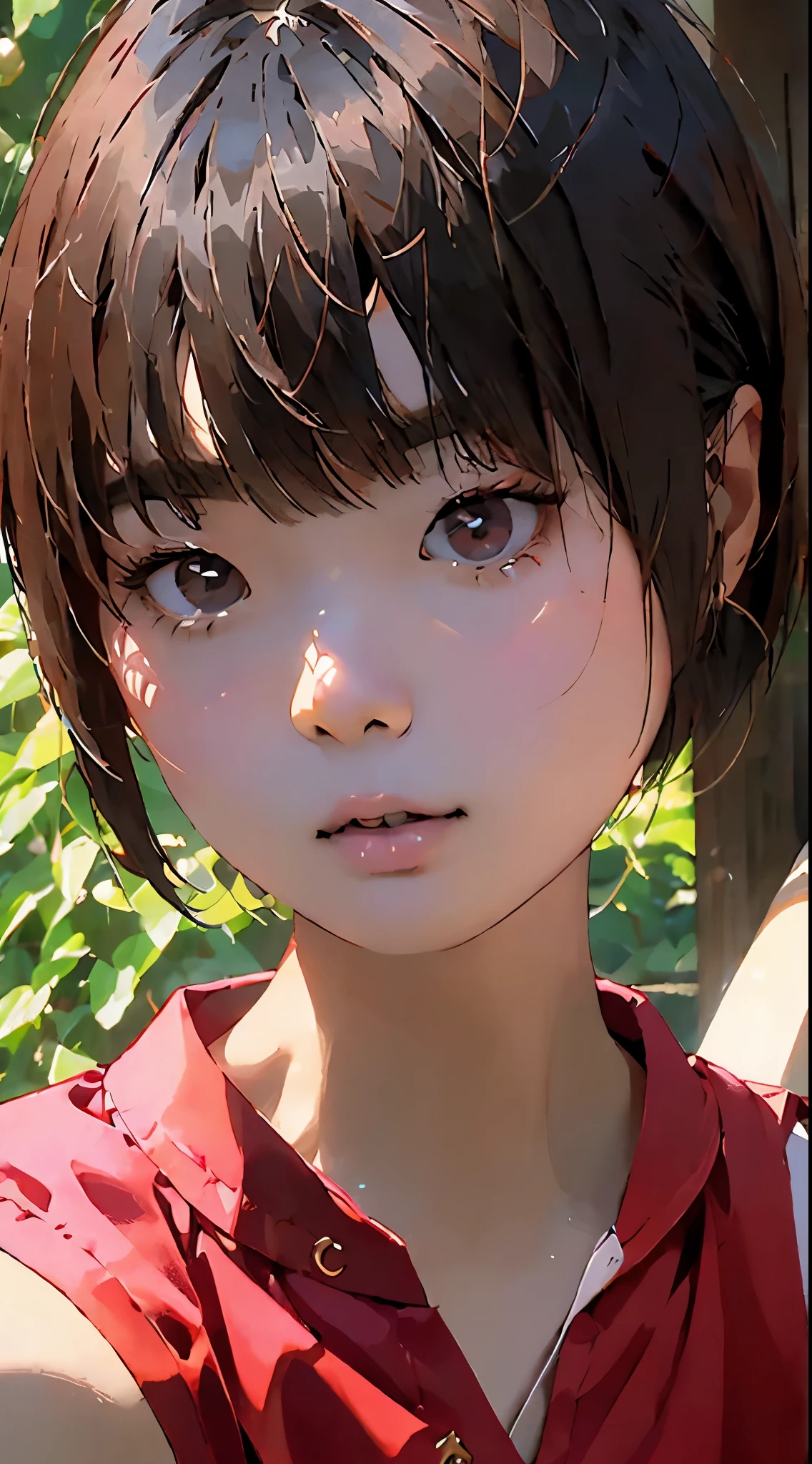Beautiful Attractive Asian Woman、Half-body photo、 delicate and charming collar、 Attractive Oval Face 、 double eyelids 、Bright Peach Eyes 、 pink lips、small nose、 focused face 、 face close-up 、 black hair、 bob cut、 super high resolution、 super detailed、Extreme close up、 red shirt、sleepy