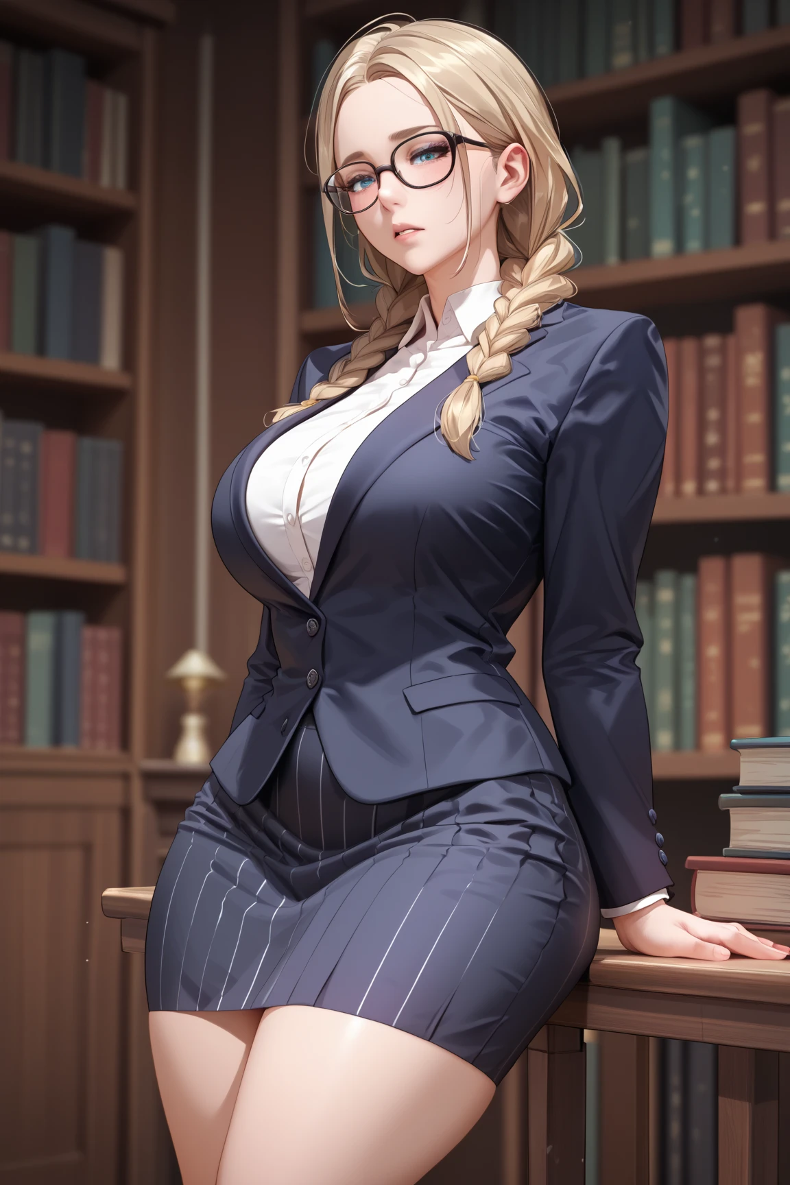 Alone, teenage woman 、 accurate human body、 anatomically correct、５ finger、Library、 and insanely big breasts、 very big butt、 braids 、 blazer、Knee-length skirt、Glasses、