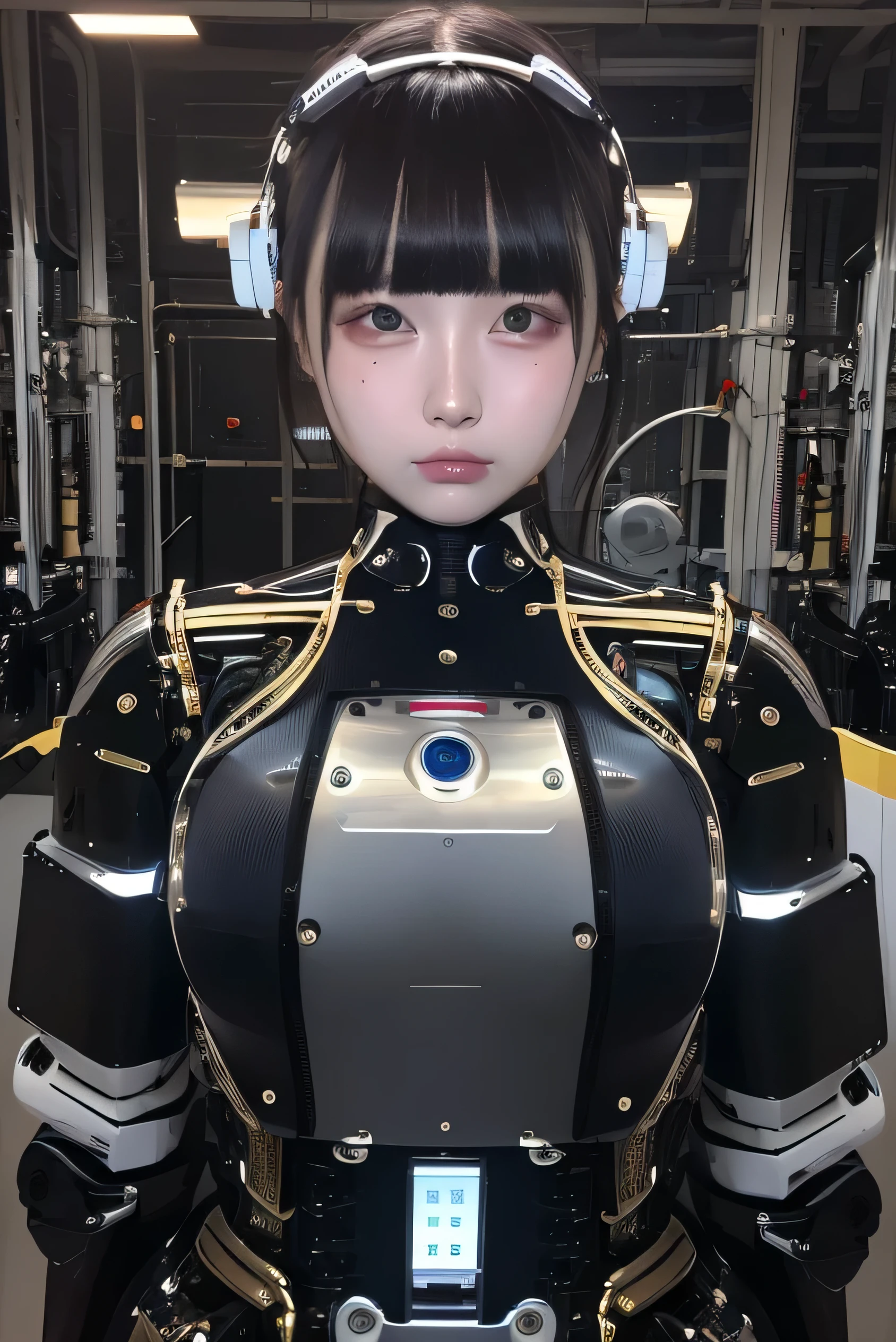 masterpiece, best quality, extremely detailed,portrait,upper body,front view,Japaese android girl,Plump, control panels,android,Droid,front cutout uniform,Mechanical Hand, Robot arms and legs,Blunt bangs,long tube,thick cable connected her neck,