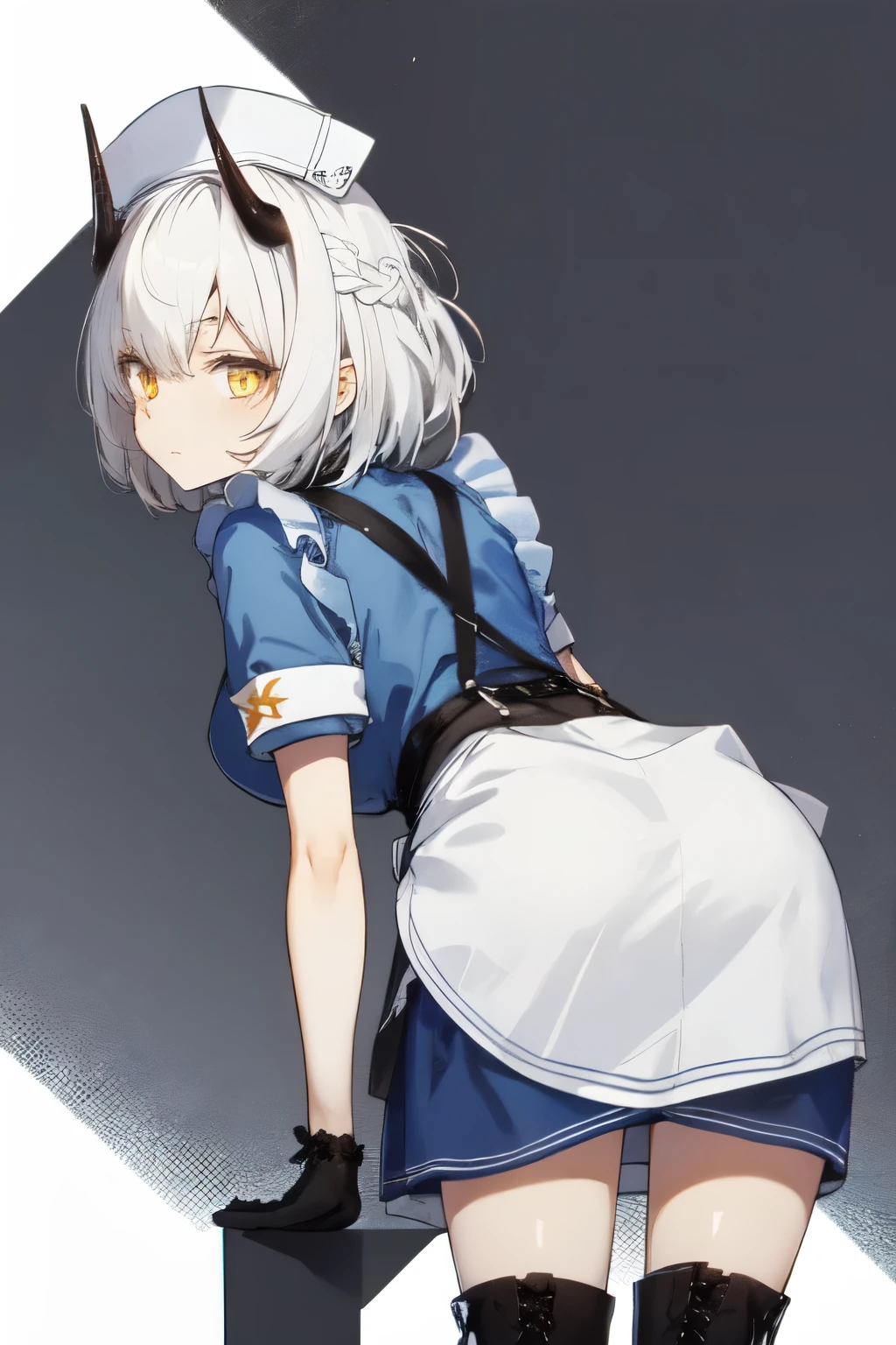 ((masterpiece:1.2, highest quality)), Himurosena yellow eyes, short hair,white hair, short stature,gloves, blue clothes, apron,midi skirt, lace-up boots,nurse cap, armband, (horn),(contrapposto),(from behind:1.5),(leaning forward:1.5),panty shot