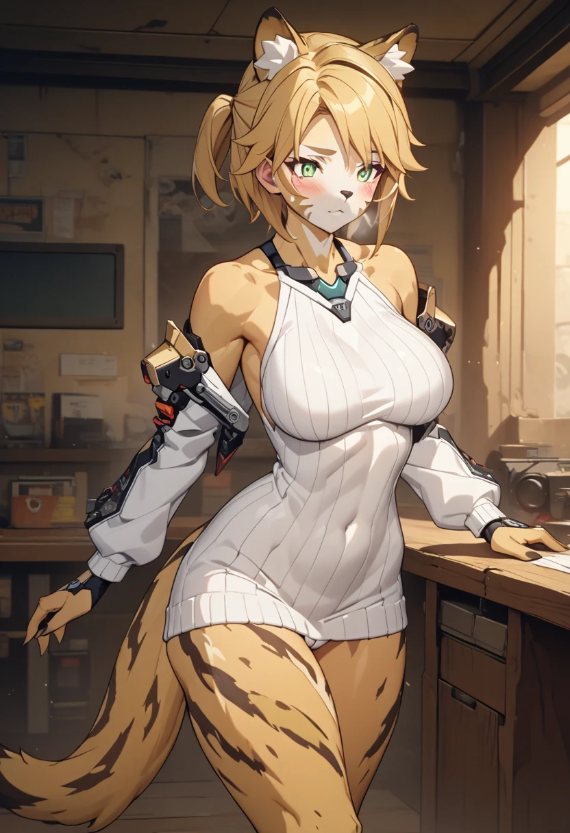 masterpiece,best quality,high resolution,8k,Ultra HD,wallpaper,illustration,perfect face,cowboy shot,beautiful detailed eyes,extremely detailed face,perfect lighting,extremely detailed CG,perfect anatomy,perfect body,perfect thick,perfect hands,perfect fingers,1woman,full body,,muscle fighter body,(blonde half up short hair),light green eyes,large breasts,medium ass,medium nipples,(white sexy long sweater dress),thong, furry clothed,,collarbone,,(),,Steam,sweat,in the room,(Zenless Zone Zero character Pulchra),(blonde cheetah furry female:1.1), cheetah ears,single cheetahtail from coccyx,adult,,blush face,looking forward,cameltoe,