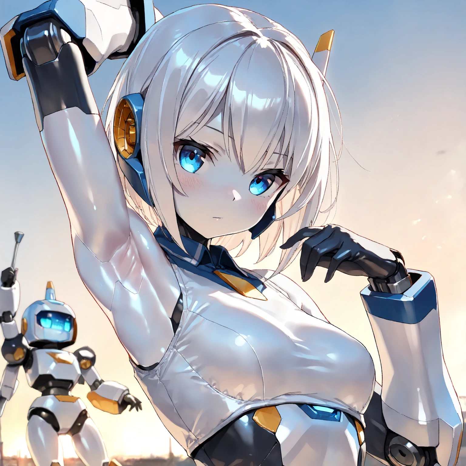 (Masterpiece, HDR, 2k, High Quality) 1girl, Solo Girl, cute girl, White shiny hair, shiny skin ((Robot, Robot Girl, Mecha Girl, Arm Up, Showing Armpits, Armpits, Armpits Detaild, Focus Armpits, Perfect Armpits, Very Hot Armpits))