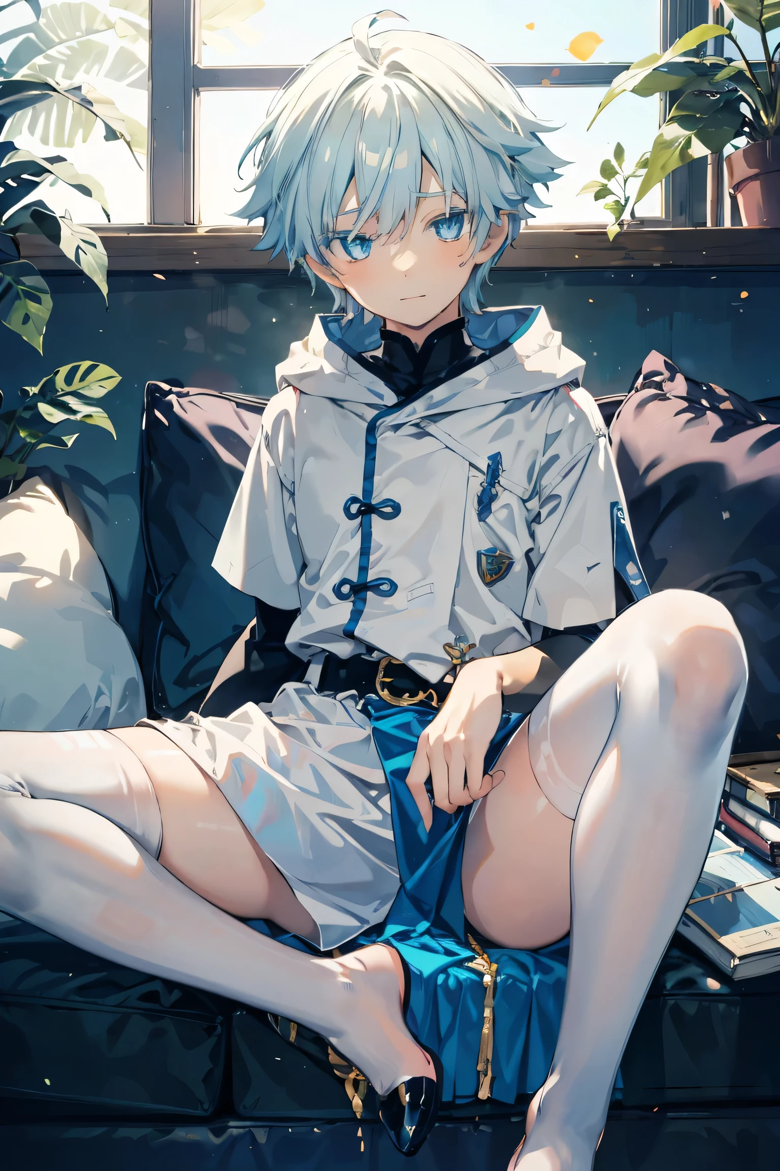 one boy, 11-years-old, 140cm boy, sit on the sofa, no pants, white underwear, black stockings, white shirt , blue hair, cute, spread legs, big thighs