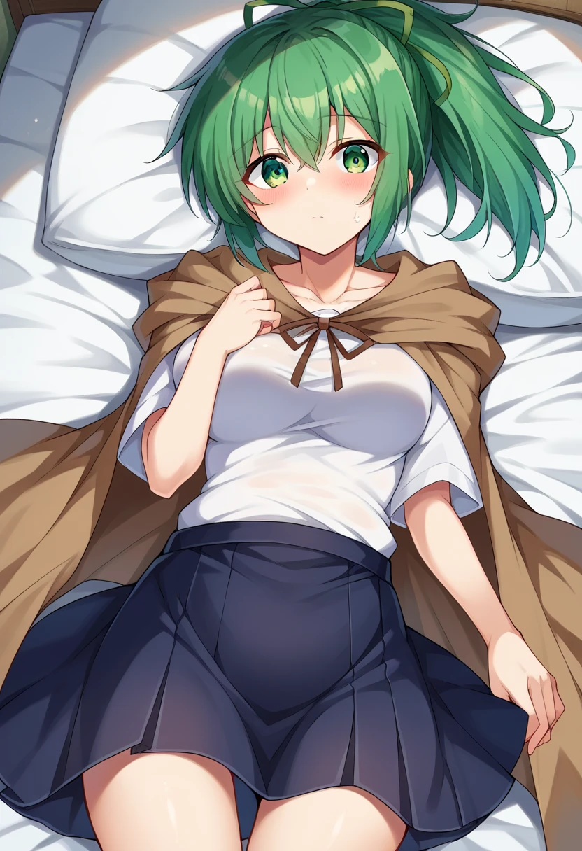 ((masutepiece)), ((Best Quality)), ((8K)), High resolution, 1girl in, Cat ears, on stomach, from behind, Clothed, Bedrooms, pale skin, Large breasts, Green eye, multicolored hair, bob cuts, Pony tail, embarrassed, Smile,