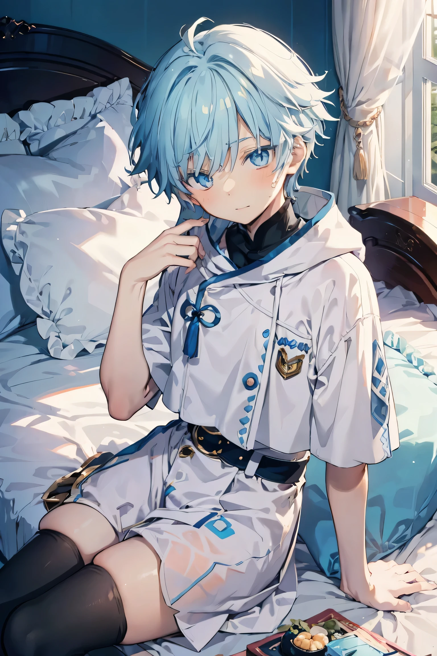 one boy, -yeld, 14 boy, laying on the bed, no pants, white underwear, black stockings, white shirt , blue hair, cute, on four, big thighs