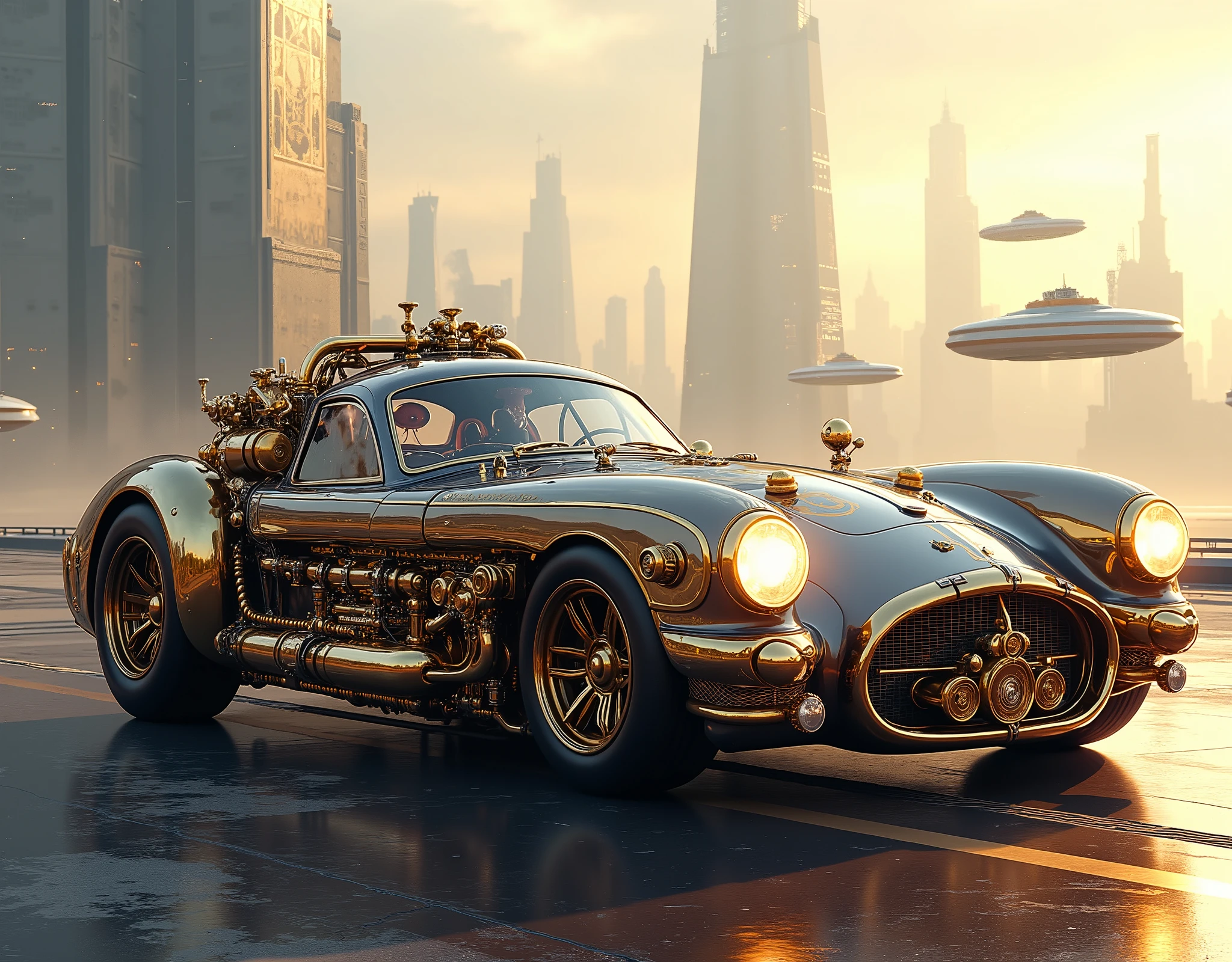 ( masterpiece:1.2 ), ( super detailed), 8k, 16k, wallpaper,(  steampunk:2.0) ,sci-fi ,retrofuture,Team Punk Car , Steam Engine Powered Car , Anime Artwork,セダン