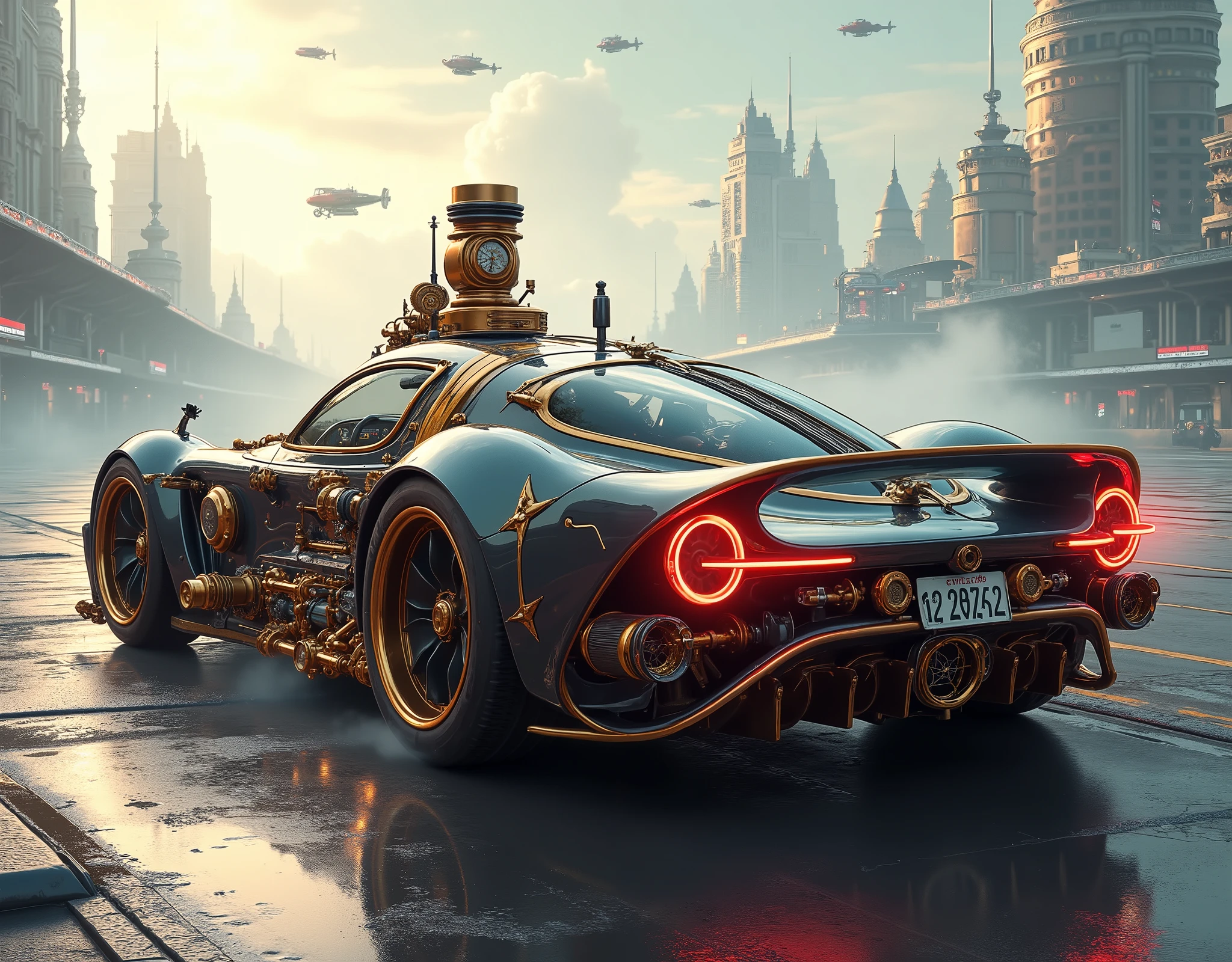 ( masterpiece:1.2 ), ( super detailed), 8k, 16k, wallpaper,(  steampunk:2.0) ,sci-fi ,retrofuture,Team Punk Car , Steam Engine Powered Car , Anime Artwork,セダン