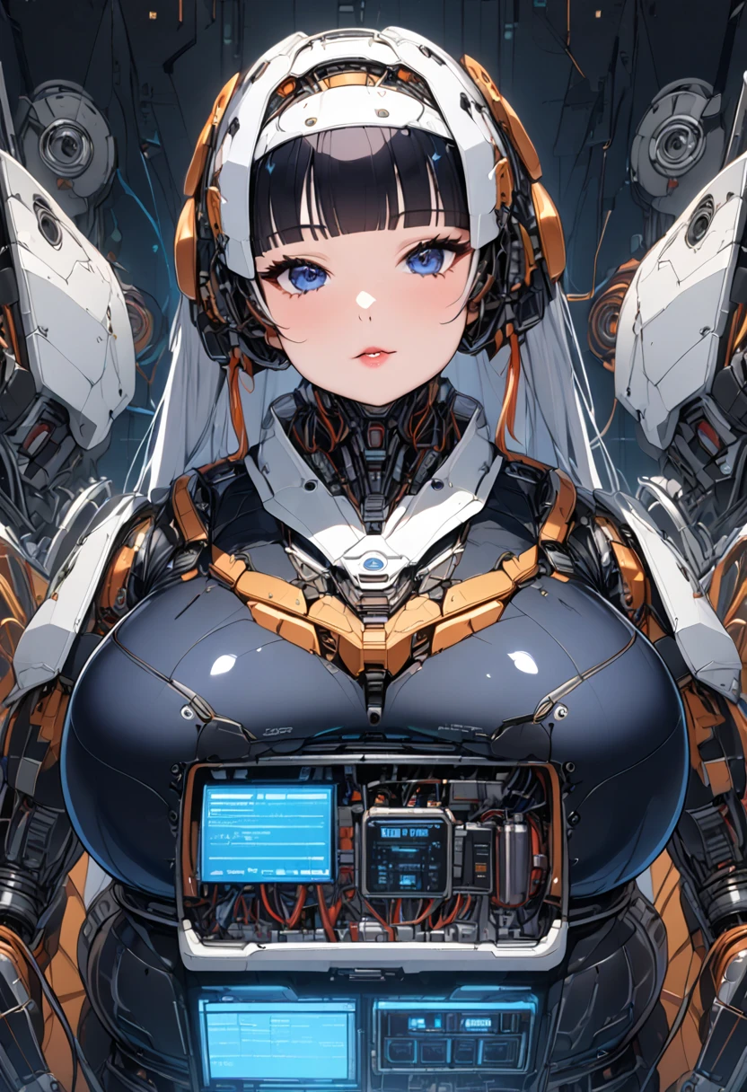 masterpiece, best quality, extremely detailed,portrait,upper body,front view,Japaese android girl,Plump, control panels,android,Droid,uniform,front cutout,Mechanical Hand, Robot arms and legs,Blunt bangs,long tube,thick cable connected her neck,broken body