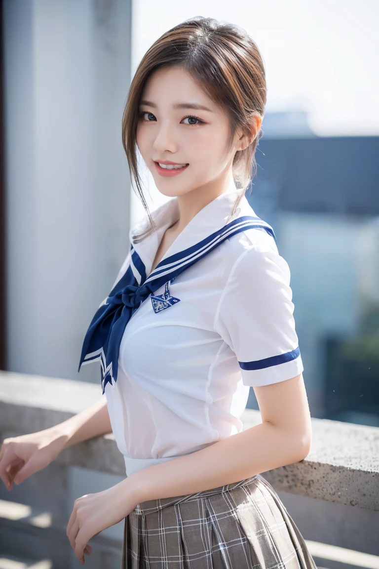 (A stunning Japanese-Korean lady in snowy night, natural pose at rooftop, wearing a traditional Serafuku, Seifuku, tight white shirt, white blouse button-down, translucent short-sleeve, plaid skirt, pleated skirt, red bow-tie, red ribbon, sailor scarf, youthful charms, smooth complexion, beautiful detailed face, beautiful detailed eyes and lips, long eyelashes, slender figure, perfect body proportion, friendly expression, snaggle-tooth, cute dimples, kind smile, short hair, short layered hair, side ponytail, bob hair, a confident & poised demeanor, Looking at viewer,

Blurred background, Bokeh effect, ultra-detailed,
(best quality, 4k, 8k, high-resolution), 
(masterpiece:1.28), award-winning,
(realistic, photorealistic, photo-realistic:1.37),
HDR, UHD, studio lighting, ultra-fine painting,
sharp focus, physically-based rendering, extreme detail description, professional photography, vivid colors, SFW, Safe for Work, Cowboy Shot, Close-up Shot, High Angle Shot,, from side, from behind,)