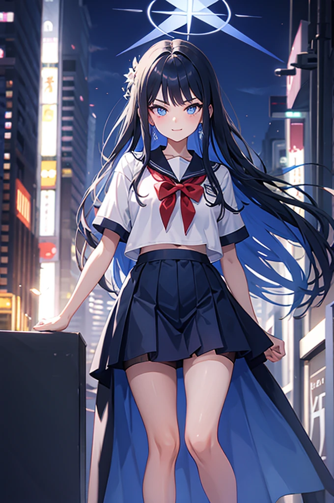 a solo boy,sexy boy ,trap ,saori_bluearchive,big breast,wearing a japan short sleeve sailor high-school uniform , short blue skirt ,bloomer shorts, shorts under dress, with black stockting, blue eye,eye makeup, red face,emblassing,shy , smile , standing ,sexy pose ,in a downtown city at night time, full body.