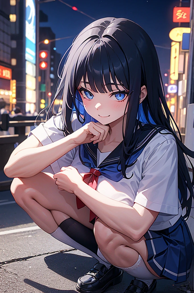 a solo boy,sexy boy ,trap ,saori_bluearchive,big breast,wearing a japan short sleeve sailor high-school uniform , short blue skirt ,bloomer shorts, shorts under dress, with black stockting, blue eye,eye makeup, red face,emblassing,shy , smile , sitting squat ,sexy pose ,in a downtown city at night time, full body.