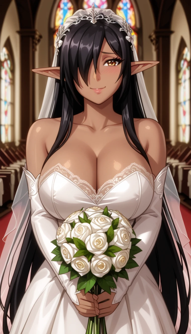 1girl,solo, olga discordia, long hair, black hair, brown eyes, very long hair, pointy ears, dark skin, hair over one eye, dark-skinned female, elf, dark elf, white wedding dress, large breasts, becklace, happy, smile,large breasts, wide hips, white church, cowboy shot, standing, presenting, face focus, view from front, close to viewer, embarrassed, shy, white veil, long eyelashes, blush, masterpiece,best quality, (anime screencap:0.8),8k,absurdres, blushing elven ears, wedding ceremony, holding wedding bouquet, mature, adult,