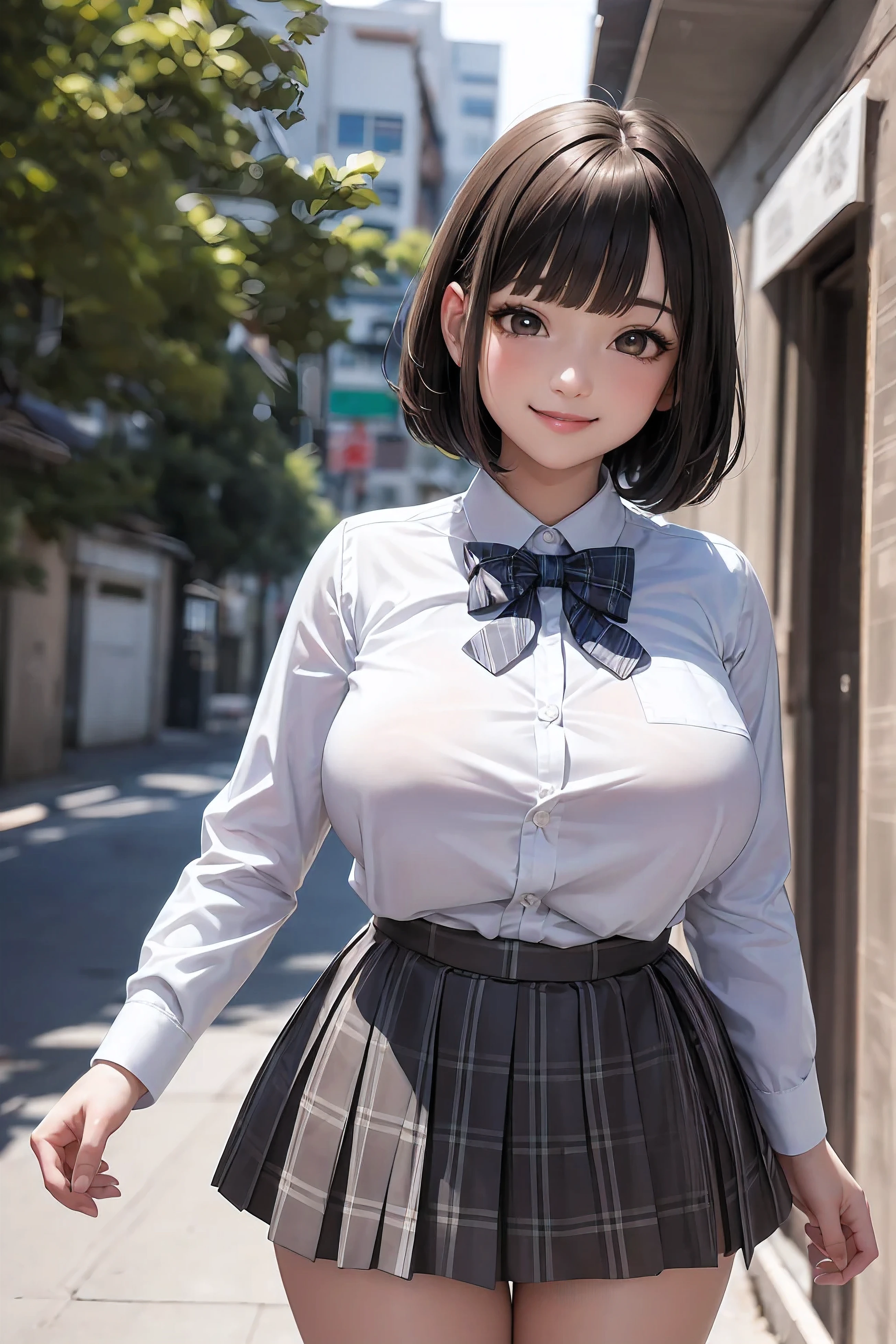 (ultra-detailed),( Japanese girl ),(1 person,******),( school uniform, white long sleeve shirt, Grey Plaid Short Pleated Skirt, Black Knee High Socks ),(light brown eyes,Cute eyes, look at me and smile:1.3),( Very Big Breasts),( big thighs),( black hair, medium straight hair),(blunt bangs:1.2),School, cowboy shot,( anime style,8k, best quality, masterpiece, clear,  best quality, ultra high res, super detail, accurate, high details,  highres icon,,detailed face)