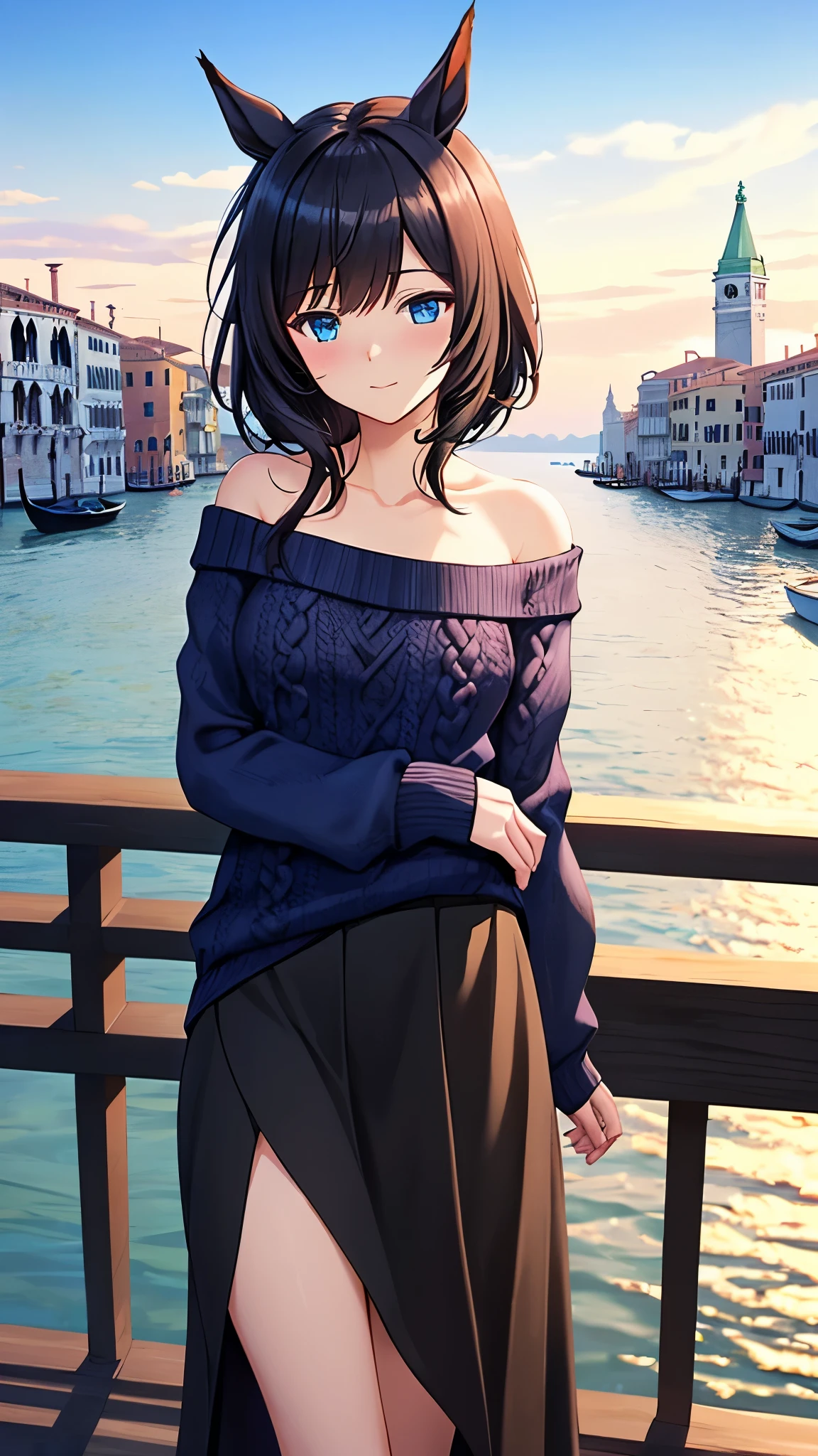 illustration style, masterpiece, high detail, 8k, clean lineart, cinematic, dutch angle, 
(eishin flash \(umamusume\)):1.6, 
jet black hair, grayish blue eyes, (ear accessory), 
off-shoulder sweater, white sweater, (maxi skirt), black skirt, 
mature feature, mature proportion, medium breasts, 
natural pose, gentle expression, soft smile, venice background