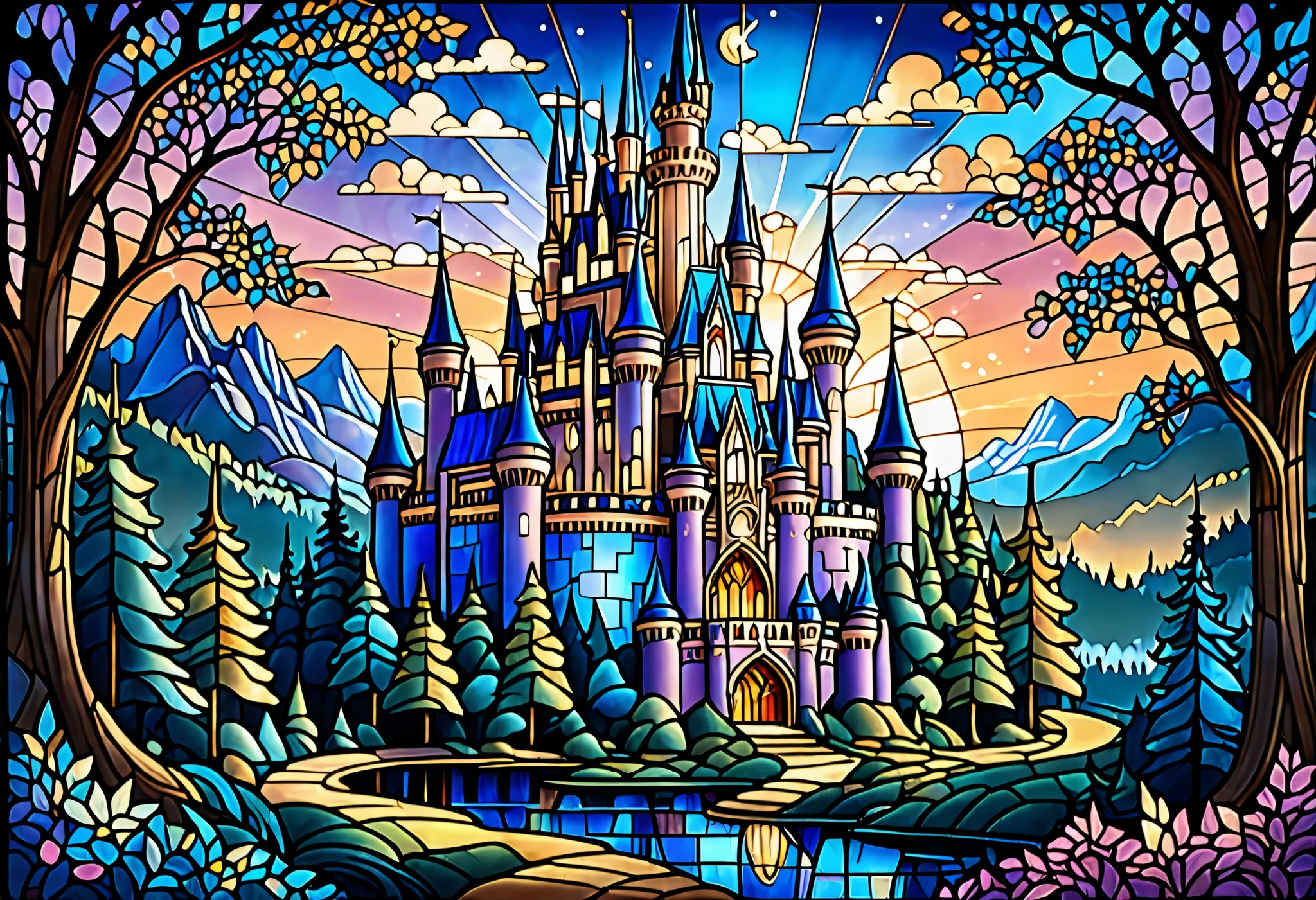 Stained Glass Picture of a Castle in the Forest , Magic Castle, Golden Twilight Stained Glass , Disney Art , Disney Art ist, Disney World Blue Beach, Fantasy Castle, Disneyland Castle , stained glass art , Beautiful castle, Vector art by , Detailed dreamscape, Magnificent Castle with Tall Spires , Disney Concept Art , Flying Cloud Castle, Fairytale Style Artwork , Stained Glass Style