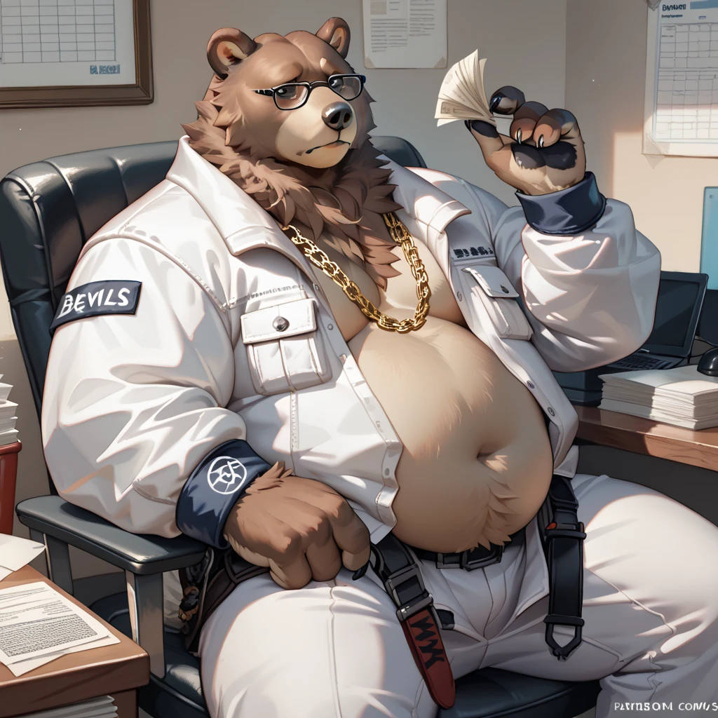 realistic, realistic fur, photorealistic, detailed fur, detailed eyes, detailed, animal, anthro, furry,  BenBigger, extremely obese, belly, chain necklace, white jacket,  white pants, sitting in the office, stacks of papers, sad, tired, wearing glasses