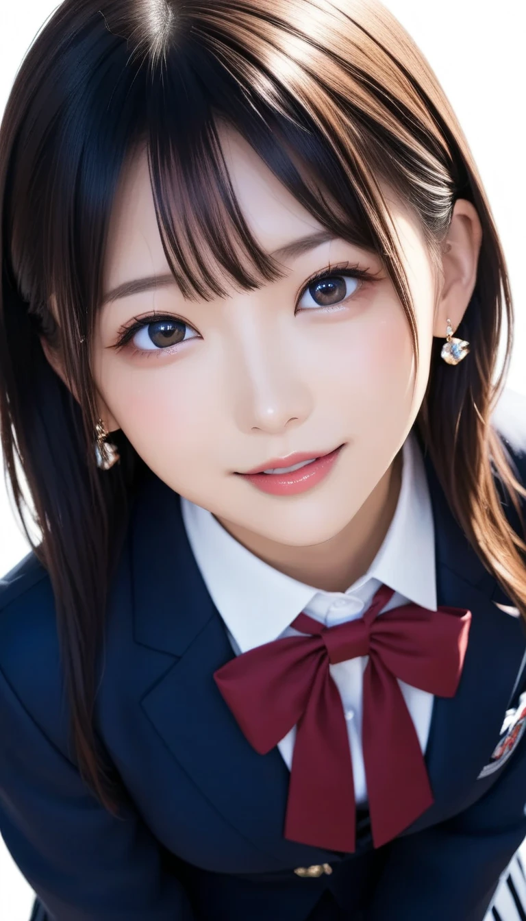 スコア_9, スコア_8_アップ, スコア_7_アップ, sアップer detailed, BREAK A breathtakingly beautiful Japanese woman with long, silky black hair, wearing a modern school uniform with a fitted blazer, short skirt, and tights. She has a radiant smile, stunning facial and eye details, and a confident yet graceful demeanor. She is posing in a classroom setting, leaning forward slightly with her hands placed behind her back, emphasizing her elegant posture. Her figure is curvaceous with a focus on her proportions, and the scene captures her in a dynamic position as she squats or does the splits. The atmosphere includes soft steam or light haze for added depth and realism. Ultra-high-definition, 32K resolution, masterpiece-level detail, Hausmo style.