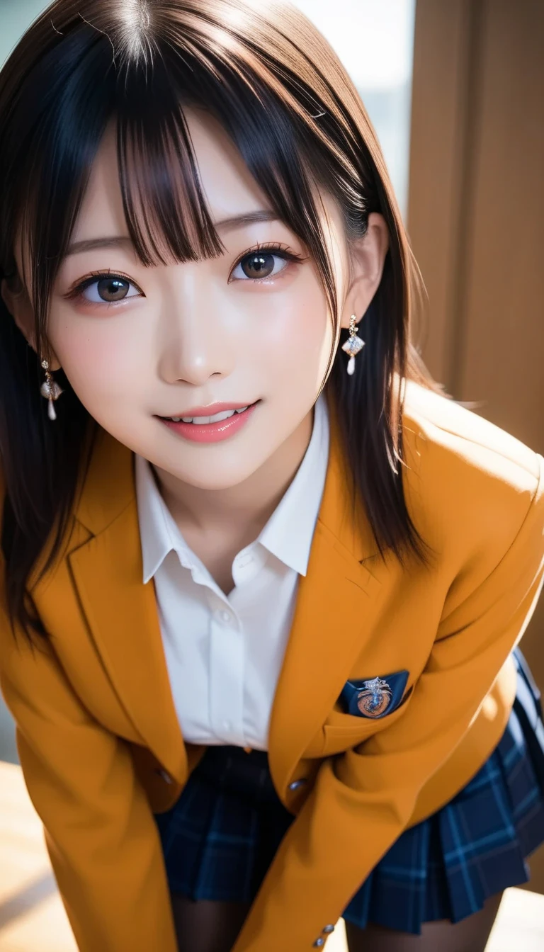 スコア_9, スコア_8_アップ, スコア_7_アップ, sアップer detailed, BREAK A breathtakingly beautiful Japanese woman with long, silky black hair, wearing a modern school uniform with a fitted blazer, short skirt, and tights. She has a radiant smile, stunning facial and eye details, and a confident yet graceful demeanor. She is posing in a classroom setting, leaning forward slightly with her hands placed behind her back, emphasizing her elegant posture. Her figure is curvaceous with a focus on her proportions, and the scene captures her in a dynamic position as she squats or does the splits. The atmosphere includes soft steam or light haze for added depth and realism. Ultra-high-definition, 32K resolution, masterpiece-level detail, Hausmo style.