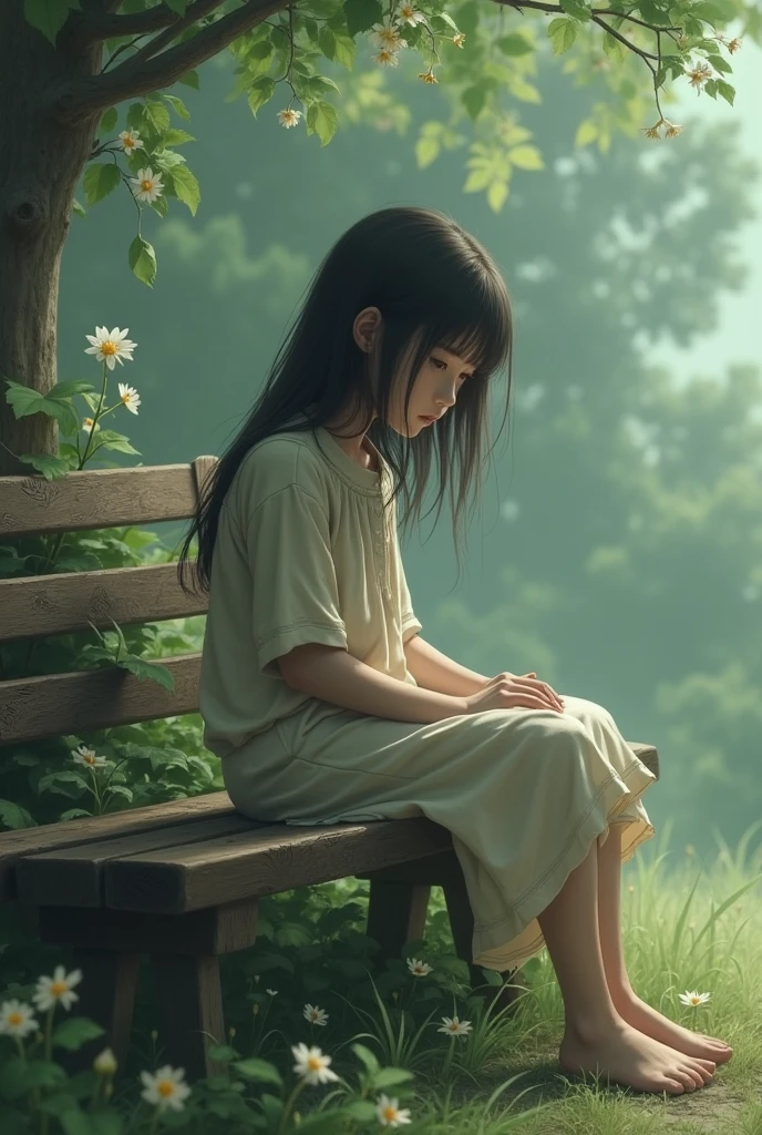 One girl sit on bench alone 