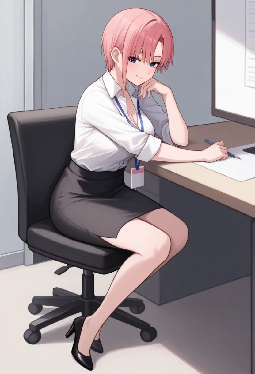 masterpiece, best quality, 1girl, solo, NknIchik, blue eyes, pink hair, short hair, parted bangs, white shirt, dress shirt, sleeves rolled up, lanyard, pencil skirt, medium skirt, black skirt, indoors, office, arm rest, sitting, on chair, seductive smile, cleavage, high heels, black footwear, full body, 