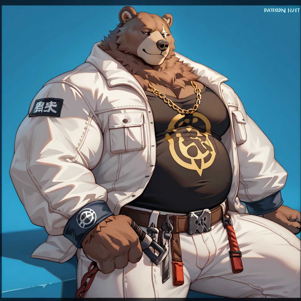 realistic, realistic fur, photorealistic, detailed fur, detailed eyes, detailed, animal, anthro, furry,  BenBigger, facial scar, smile, inhumanly muscular, extremely muscular, extremely huge muscles, broad shoulders, extremely huge biceps, bulked up, gigantic body, chubby, pose, posing, sexy pose, pinup, chain necklace, white jacket, black shirt, white pants,