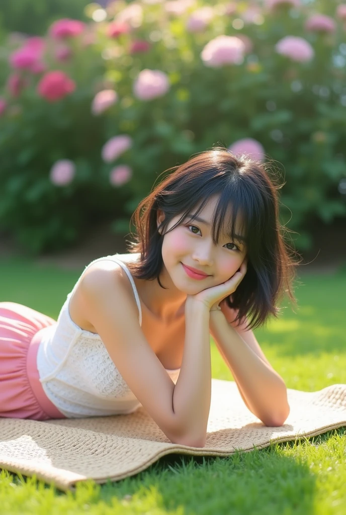 top-quality、softlight、(depth of fields)、超A high resolution、(Photorealsitic:1.4)、Raw photography、(portlate:1.4)、(From Side) 1 Japan Female、22year old、独奏、cute little、(full of shyness、A smile: 1.1)、(Brown-eyed)、detailed beautiful faces、(Shorthair)、a bed