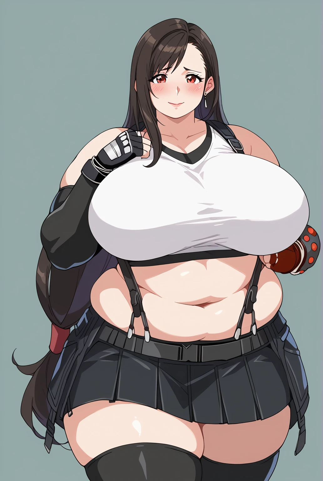   score_9,   score_8_up,   score_7_up,   score_6_up,   score_5_up,   score_4_up,     Masterpiece  ,   top quality,   very aesthetic,   absurd, Tifa lockhart, red eyes,   low hair long,  black hair,  earrings,  sports bra,  black suspenders,  Pleated Mini Skirts , black thighhighs, Arm guard, Elbow gloves,   fingerless gloves ,    source_Anime, Anime screencap,    one woman , Alone,  personal  ,   long hair, Super huge breasts, ((( super huge clevis, Super huge , Super huge boob))), Curvy,   wide hips ,   embarrassed expression, Fat body,   chubby,  obese body type ,blush, Shy woman,  stomach flesh sticking out of clothes,　 sloppy stomach, Mature Woman, milf, 40 years old