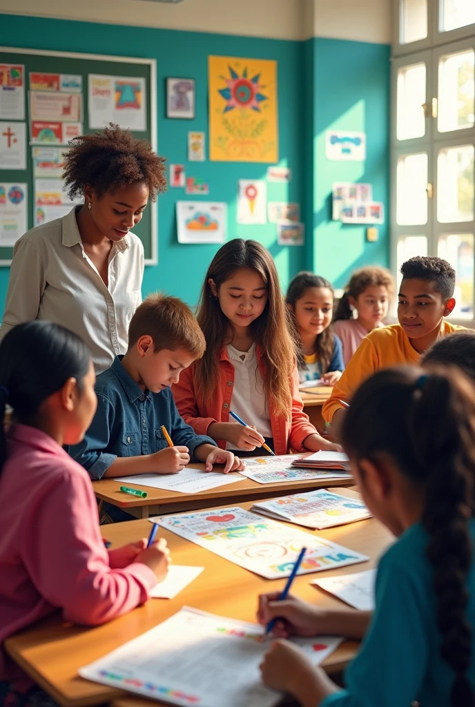 Create an inspiring and engaging image that conveys the idea of investing in children's futures. The image should represent a welcoming and positive educational environment. Include a vibrant classroom environment where 6--olds actively engaged in educational activities such as reading, science, or art. Add elements that suggest growth and the future, like books, globes, and progress charts. The text “Invest in your child’s future: registrations now open” should be prominently displayed, perhaps on a banner or poster, in a friendly, attractive font. Use vibrant colors and an upbeat atmosphere to convey a sense of excitement and opportunity. Children need to be in school uniform with a white t-shirt and navy blue pants.