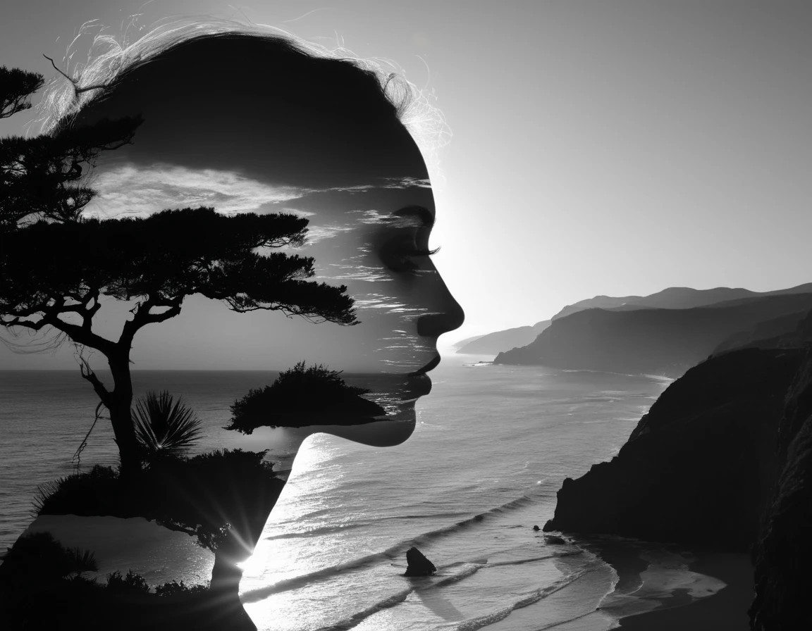high quality, 8K Ultra HD, A beautiful double exposure that combines an goddess silhouette with sunset coast, sunset coast should serve as the underlying backdrop, with its details incorporated into the goddess , crisp lines, The background is monochrome, sharp focus, double exposure, awesome full color,