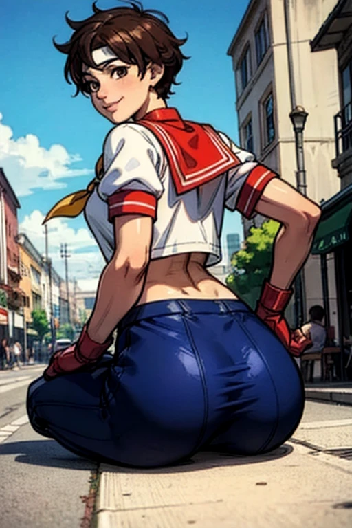 Kasugano Sakura,  Brown Eyes ,  short brown hair, ( white headband),  sailor collar , School, Short sleeve, belly button,  blue skirt , Red gloves,  viewers, smile, on all fours,  Medium Shot,  outside, city, street, market, crowd, ,  blue sky,  High Quality , masterpiece,  (back view),(lool at viewer)