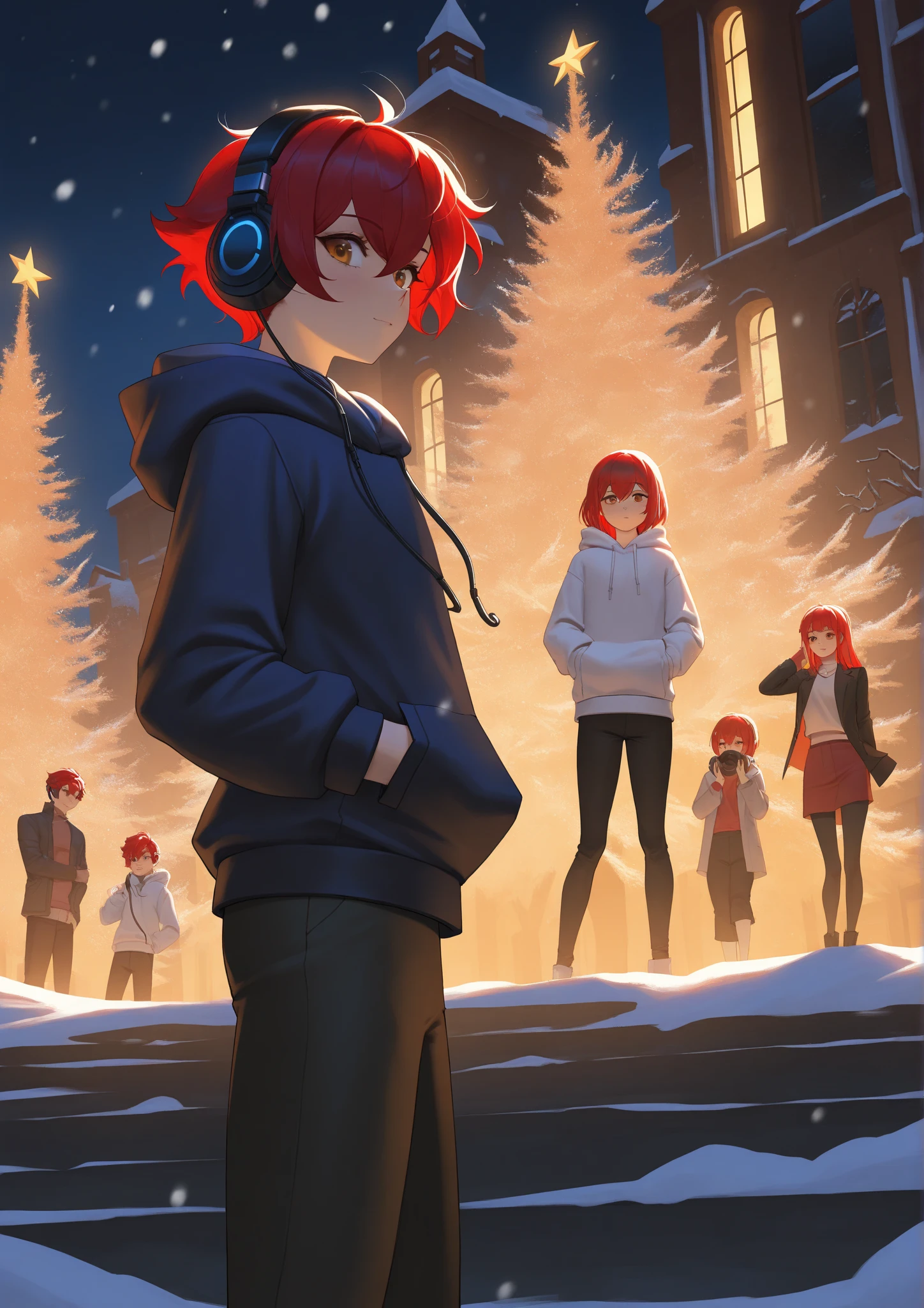 Alone,  Shortcut,  red hair,   ,  headphones、Neutral Male、 hooded hoodie for standing in a winter park、 Minimalist , Moonlit Night, serio,entediadoSolo, 