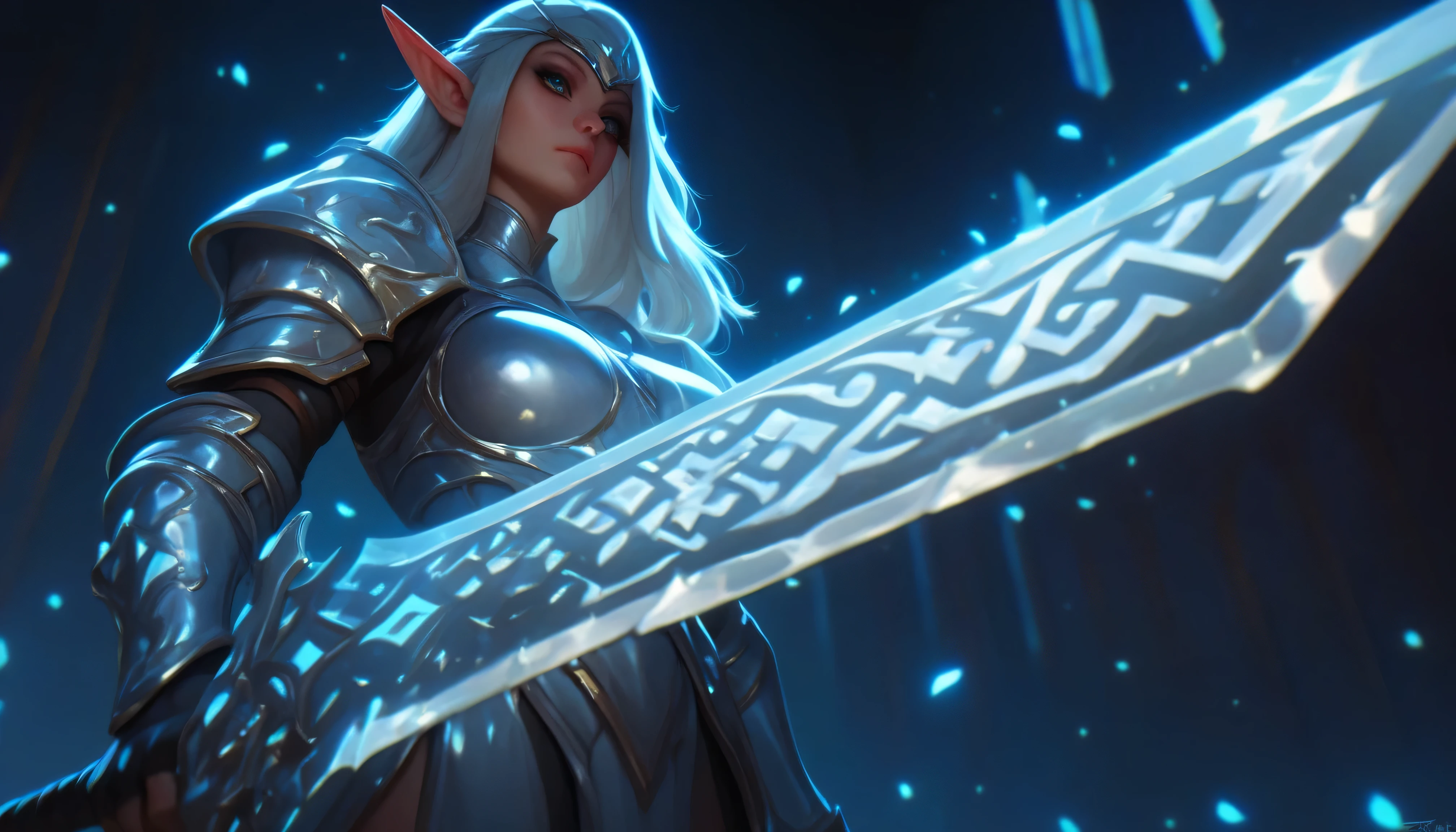 score_9, score_8_up, score_7_up, upscale 2x, (  cinematic shot of a beautiful elf princess wearing silver armor ,  Holding a Sword ,   blade has a blue and silver outline and 、 has a symbol that shines along the blade ,  The magic castle in the background  , Rune Sword , close up focus on the sword:1.2)