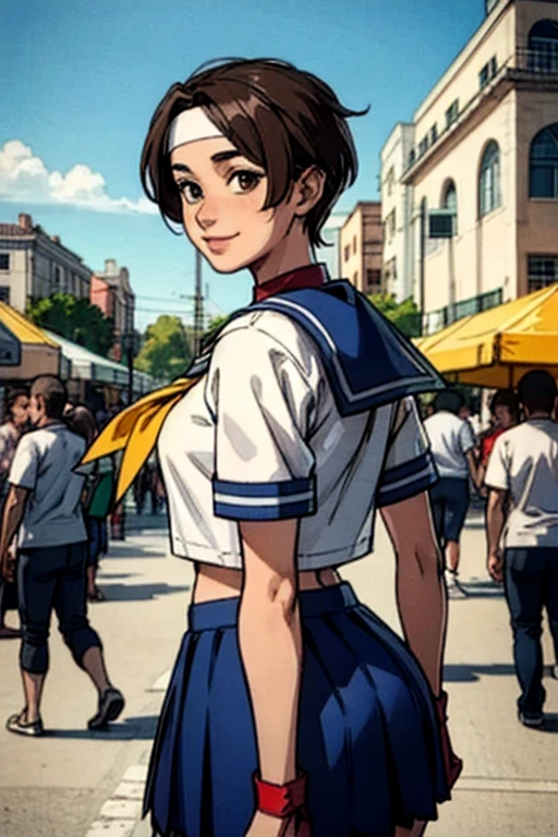 (back view),(lool at viewer),Kasugano Sakura,  Brown Eyes ,  short brown hair, ( white headband),  sailor collar , School, Short sleeve, belly button,  blue skirt , Red gloves,  viewers, smile,  standing ,  Medium Shot,  outside, city, street, market, crowd,  place your hand on top of your hand,  blue sky,  High Quality , masterpiece,  