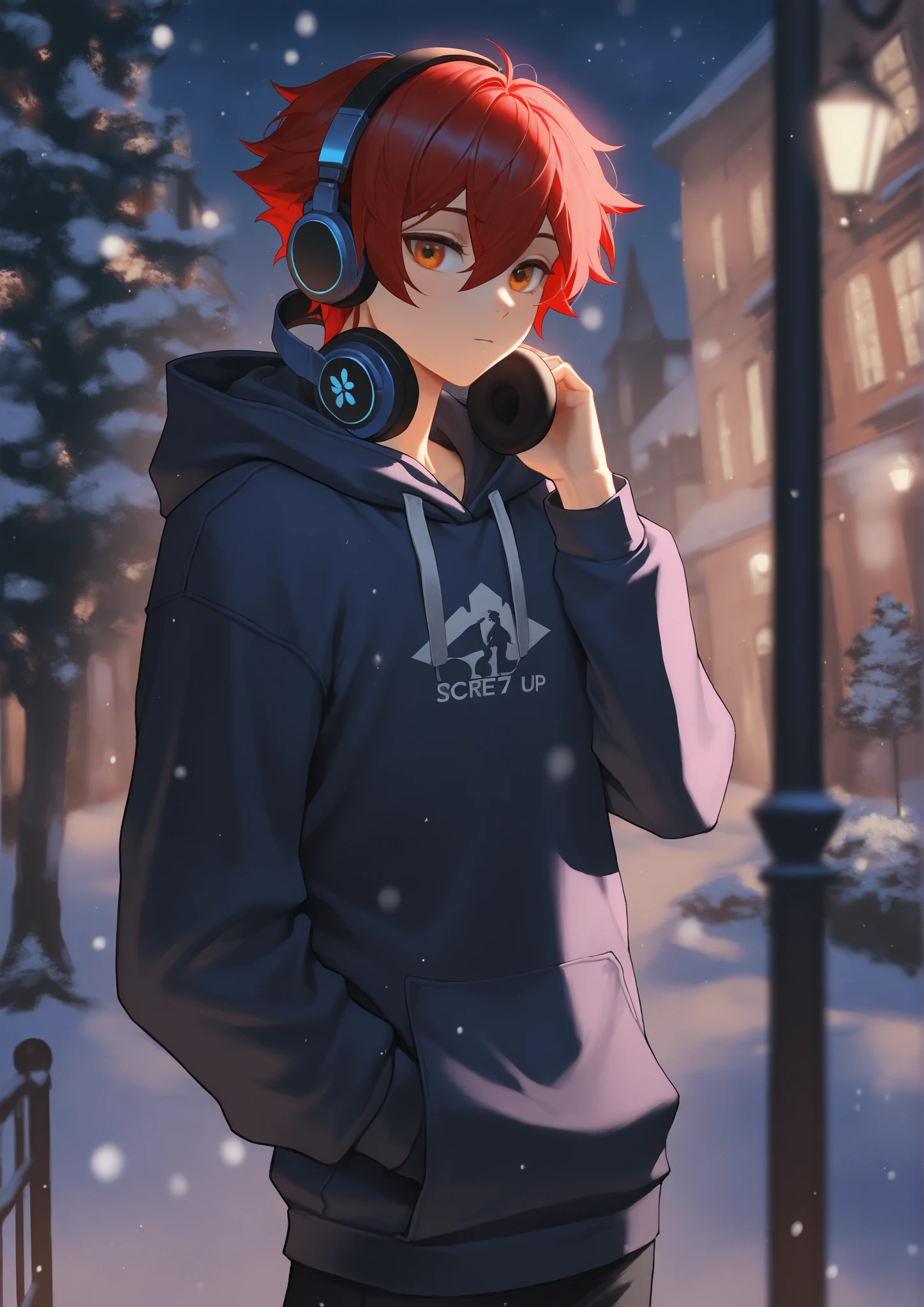 Alone,  Shortcut,  red hair,   ,  headphones、Neutral Male、 hooded hoodie for standing in a winter park、 Minimalist , Moonlit Night, serio,entediado,solo,boy