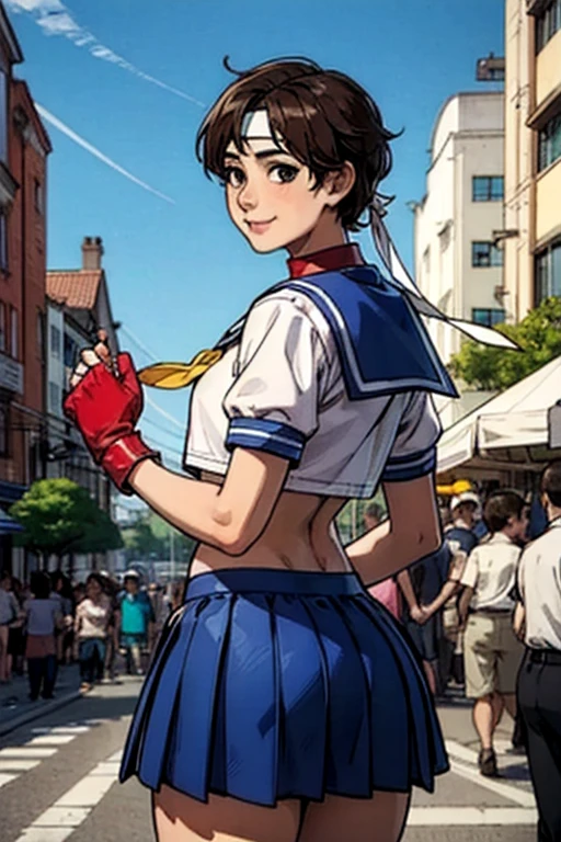 (back view),(lool at viewer),Kasugano Sakura,  Brown Eyes ,  short brown hair, ( white headband),  sailor collar , School, Short sleeve, belly button,  blue skirt , Red gloves,  viewers, smile,  standing ,  Medium Shot,  outside, city, street, market, crowd,  place your hand on top of your hand,  blue sky,  High Quality , masterpiece,  