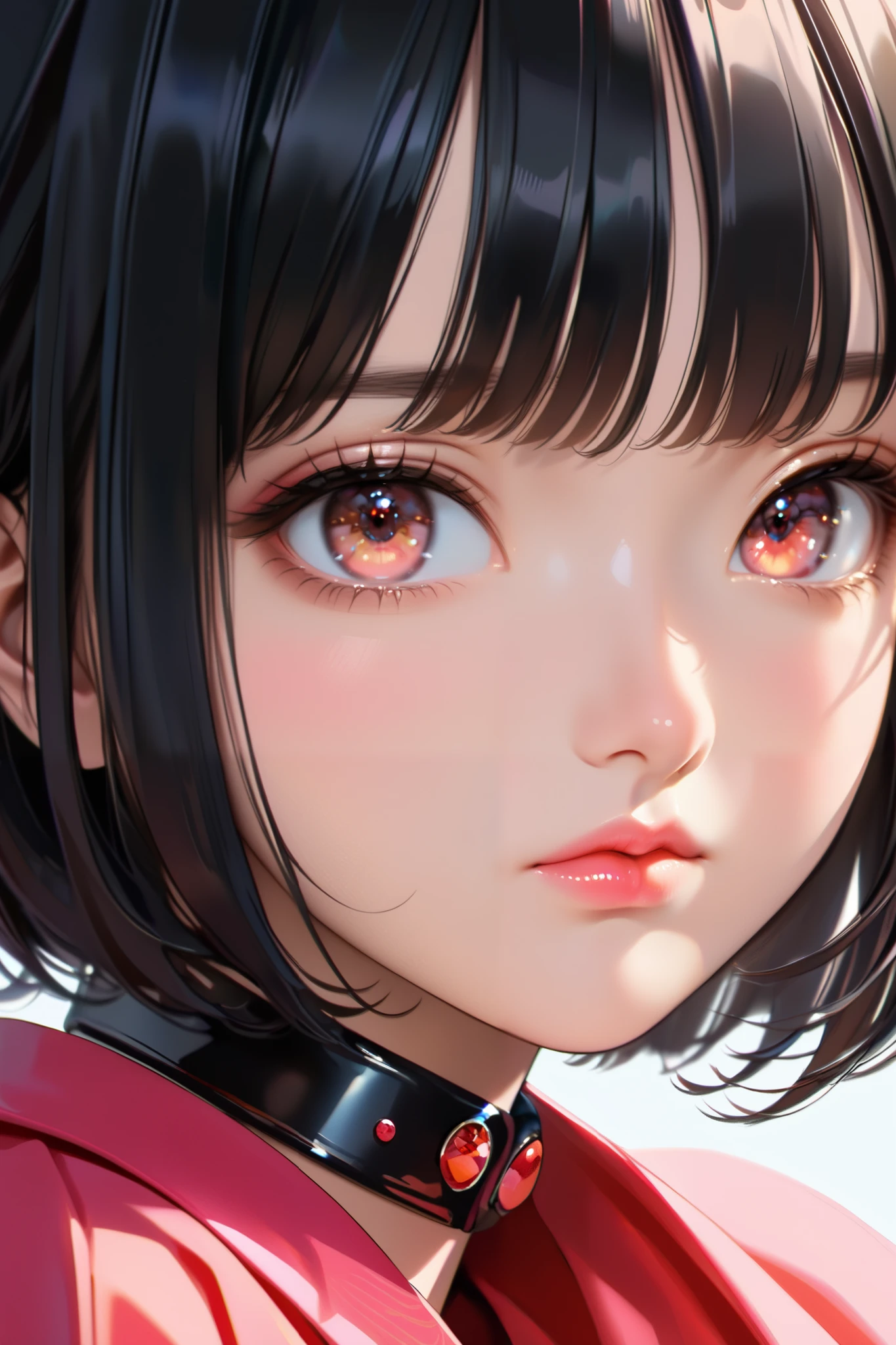 Beautiful Attractive Asian Woman、Half-body photo、 delicate and charming collar、 Attractive Oval Face 、 double eyelids 、Bright Peach Eyes 、 pink lips、small nose、 focused face 、 face close-up 、 black hair、 bob cut、 super high resolution、 super detailed、Extreme close up、 red shirt、sleepy