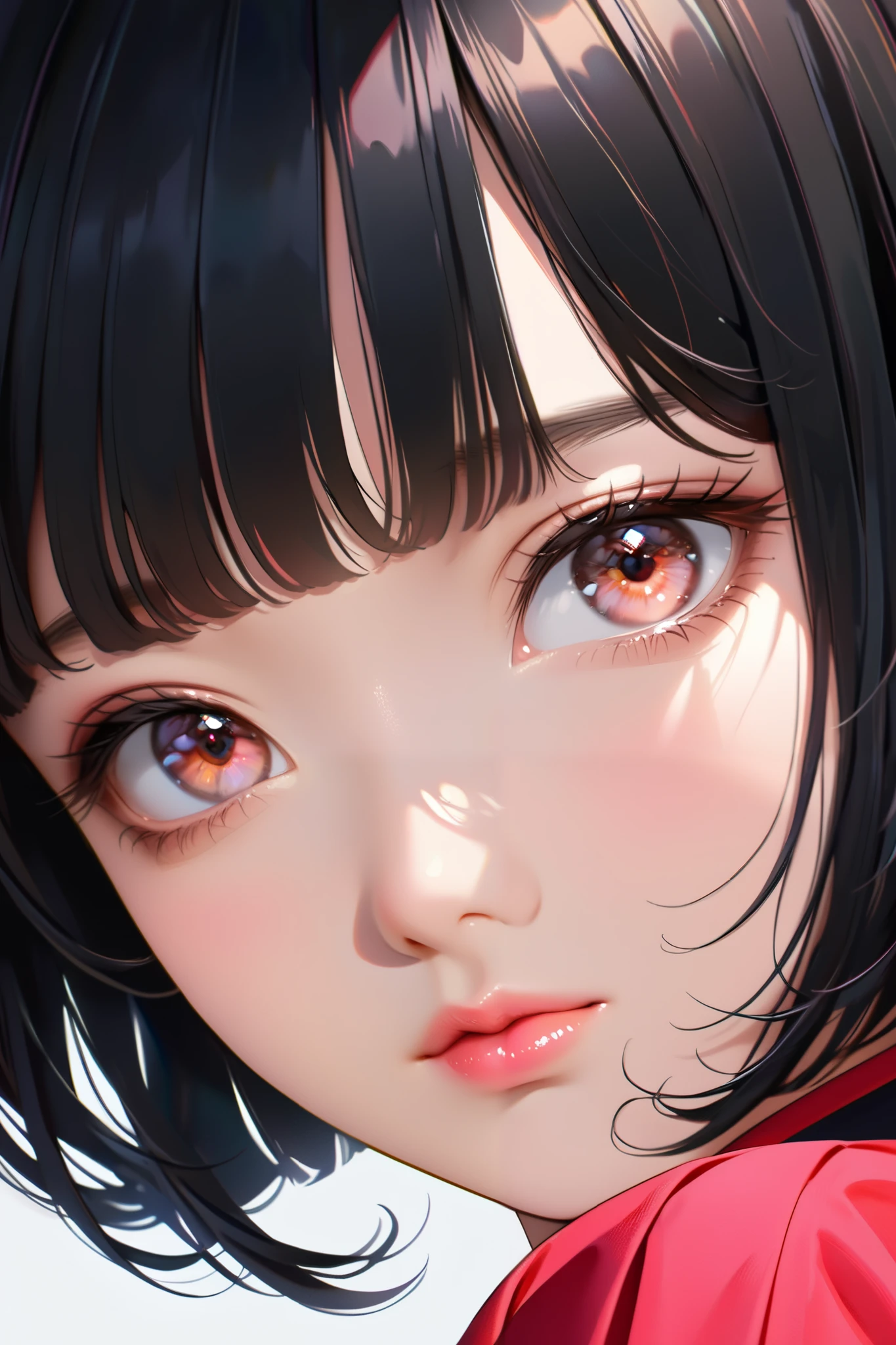  Beautiful Attractive Asian Woman、Half-body photo、 delicate and charming collar、 Attractive Oval Face 、 double eyelids 、Bright Peach Eyes 、 pink lips、small nose、 focused face 、 face close-up 、 black hair、 bob cut、 super high resolution、 super detailed、Extreme close up、 red shirt、sleepy
