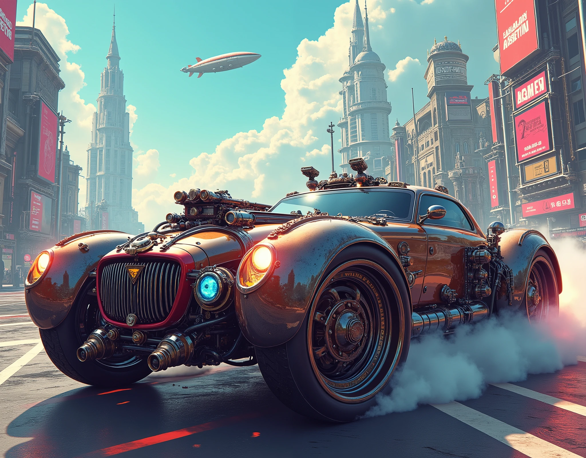 ( masterpiece:1.2 ), ( super detailed), 8k, 16k, wallpaper,(  steampunk:2.0) ,sci-fi ,retrofuture,Team Punk Car , Steam Engine Powered Car , Anime Artwork,セダン