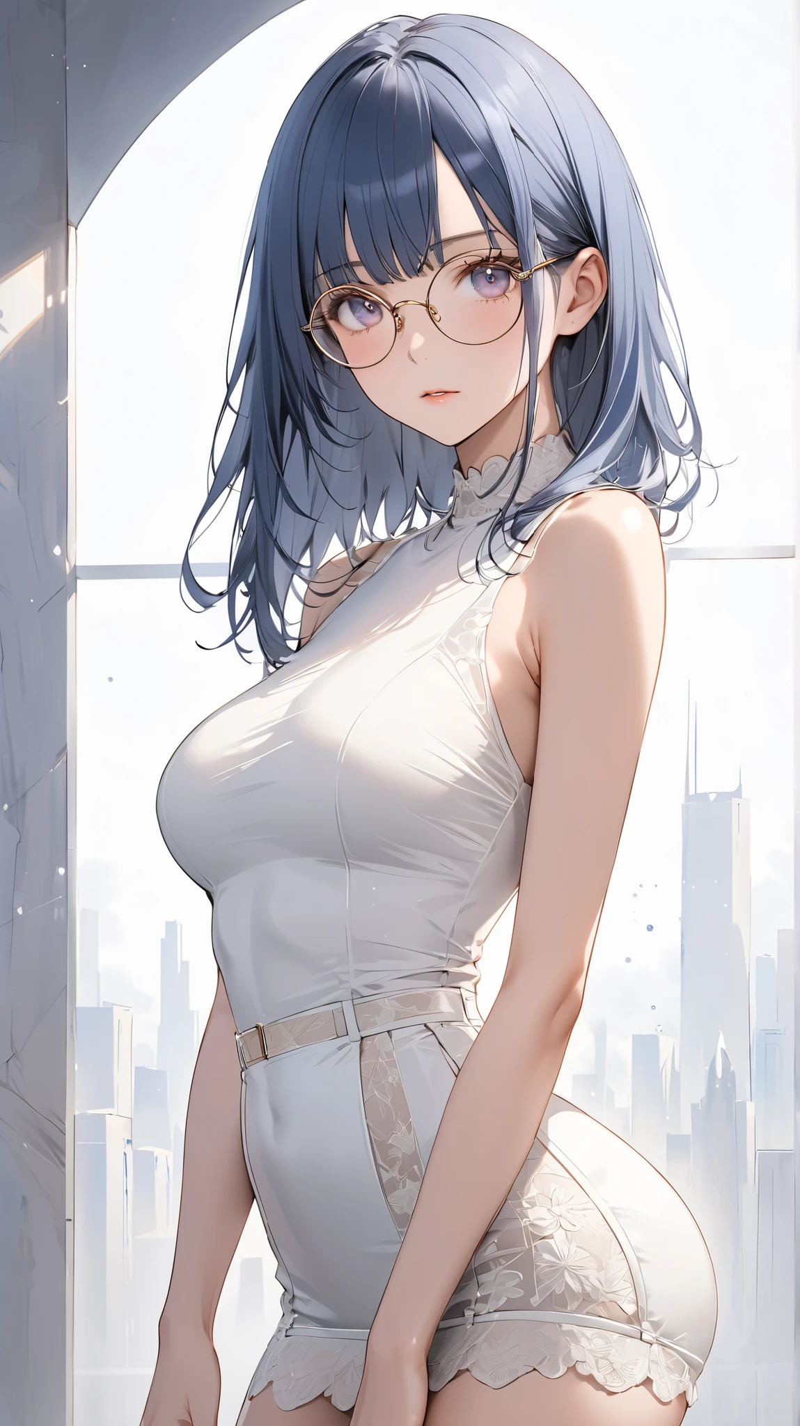 独奏、(White Micro Mini Dress White、White camisole mini dress、Silk dress)、Stand with your legs spread wide、Beautiful thighs、female teacher、Gold Necklace、Big Breasts、Bare thighs、Big Breasts、Beautiful and fair、Glowing Skin、3 Up、Gorgeous and bright、Refreshing and gentle look、Perfect beautiful face、Beautiful shiny bangs、Mature adult woman、eyeliner、So perfect eyes、Very large breastuscular body、(Kyoto Animation Style、Dark blue shorthair、(Dark blue hair:1.7)、Blunt bangs、Hair between the eyes、Clear Eyes、Dark Eyes、Black-rimmed glasses)、lips、lipstick、A seductive smile、Floating Hair、mole、(cheekbone:1)、(目の下のmole:1.2)、)、high school、classroom